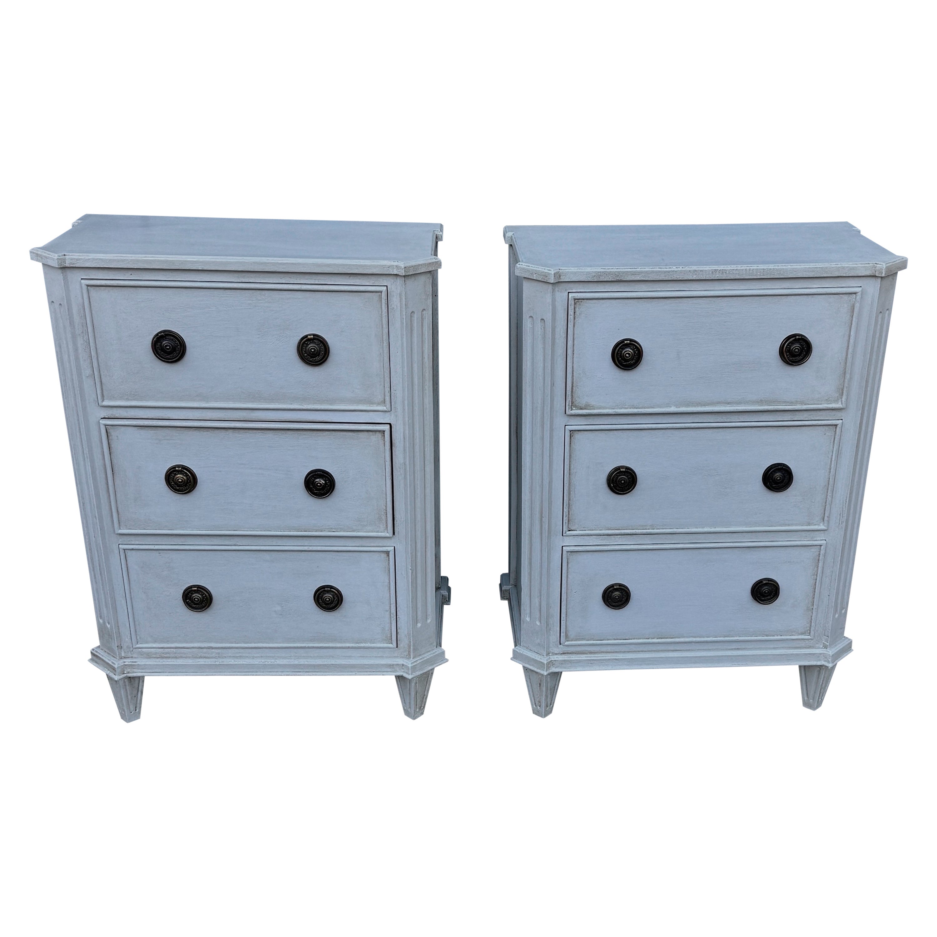 Pair Swedish Gustavian Style Painted 3 Drawer Chests Nightstands For Sale