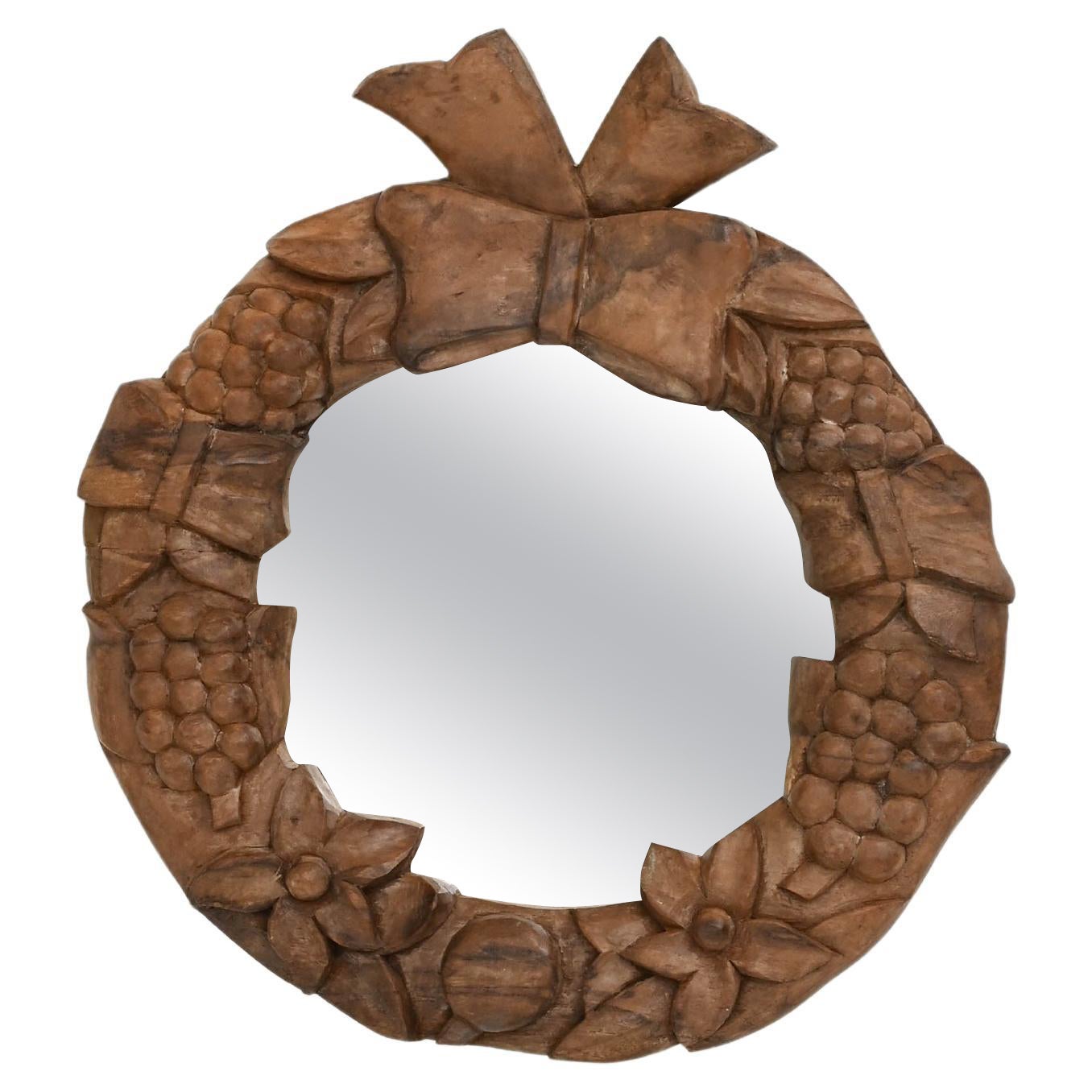 20th Century French Wooden Carved Wreath Wall Mirror For Sale