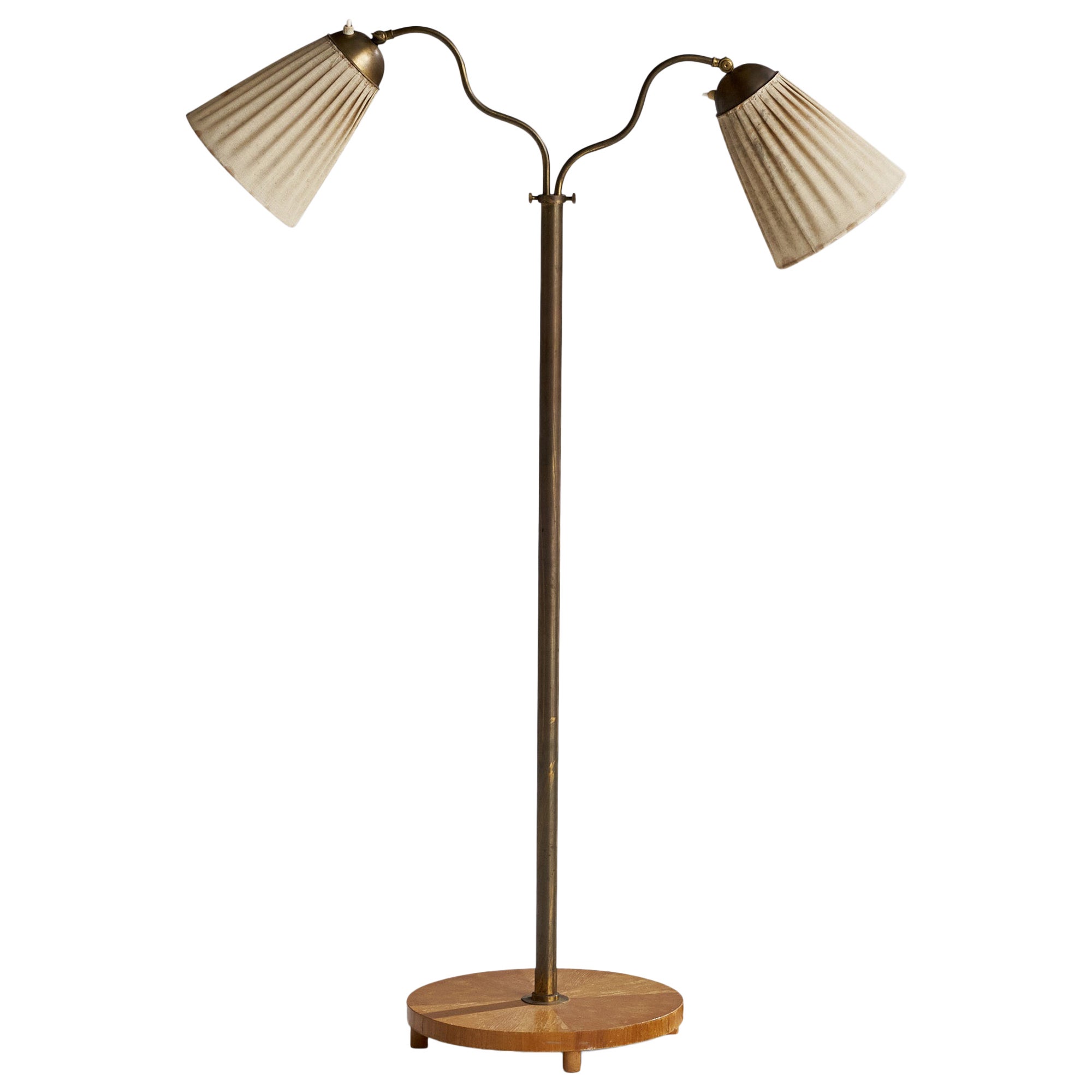 Swedish Designer, Floor Lamp, Brass, Oak, Fabric, Sweden, 1940s For Sale