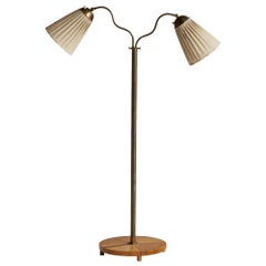 Swedish Designer, Floor Lamp, Brass, Oak, Fabric, Sweden, 1940s