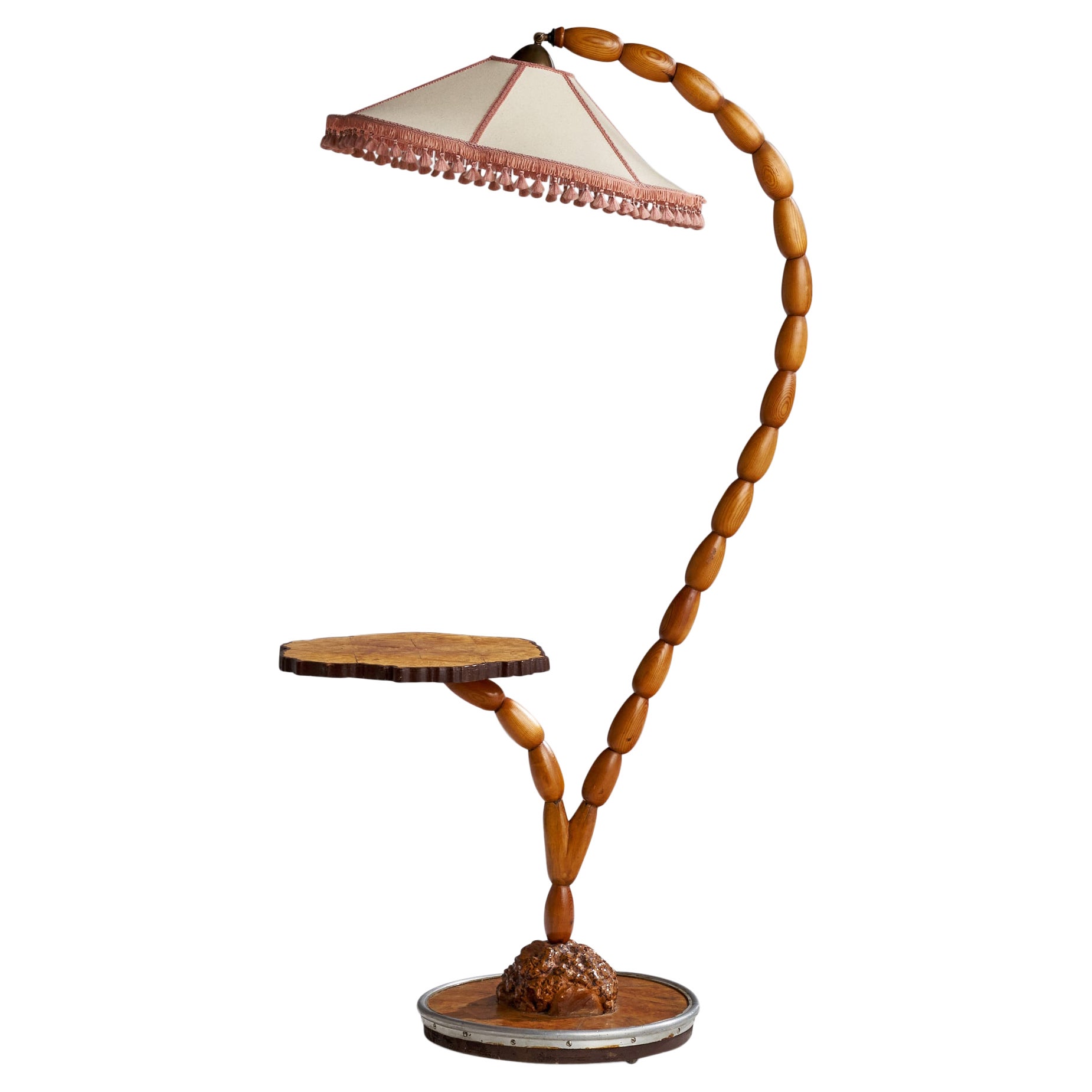 Designer suédois, lampadaire, laiton, pin, bouleau, tissu, Suède, années 1960