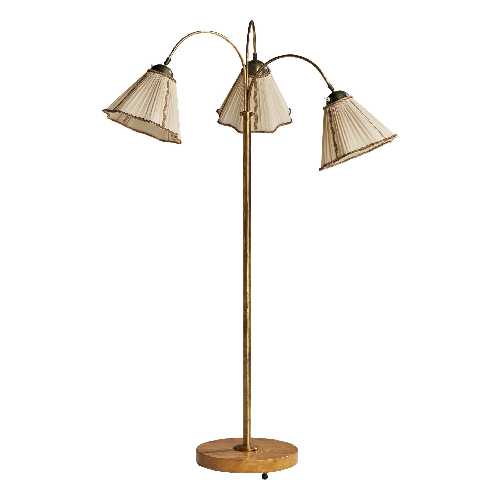 Swedish Designer, Floor Lamp, Brass, Birch, Fabric, Sweden, 1940s For Sale