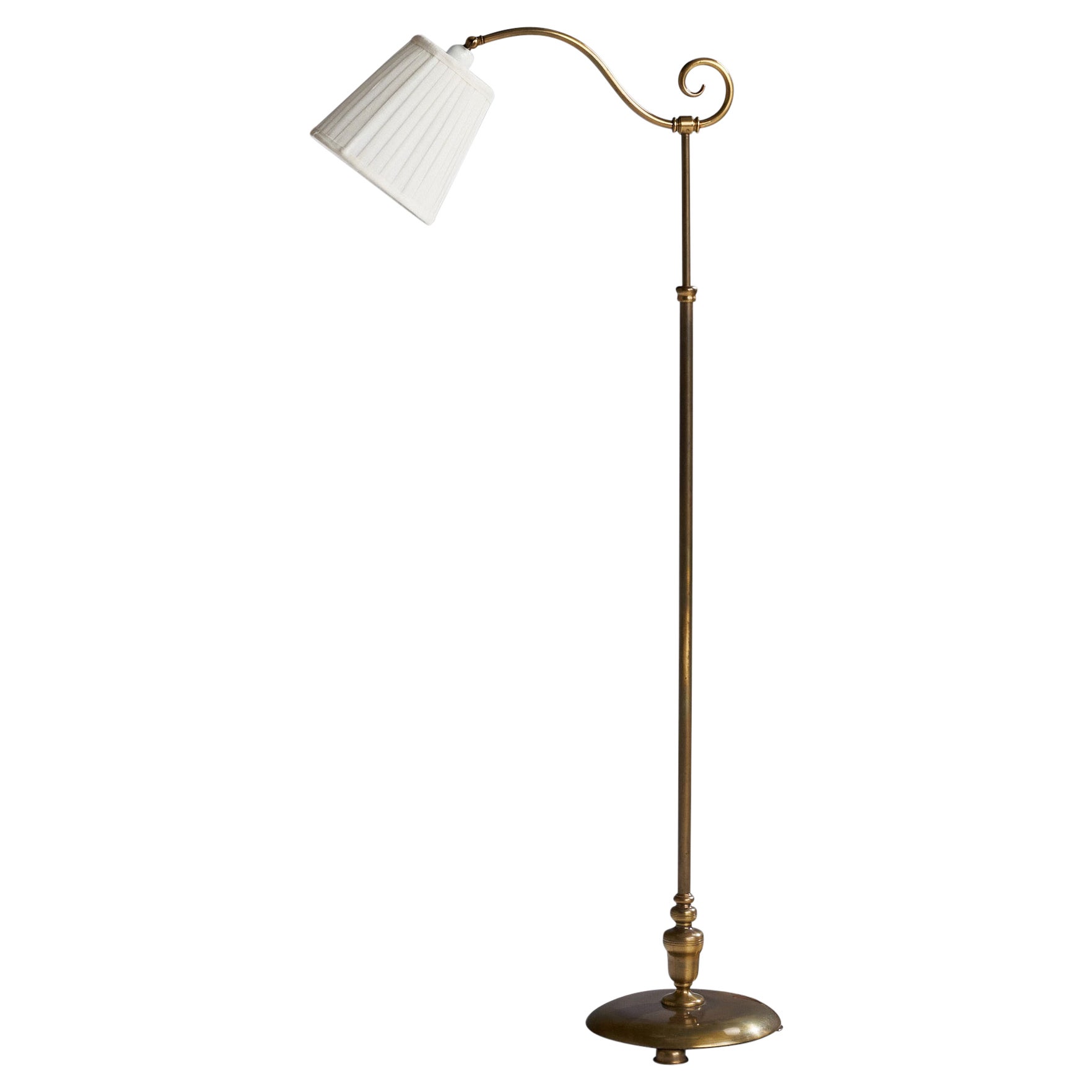 Swedish Designer, Floor Lamp, Brass, Fabric, Sweden, 1940s For Sale