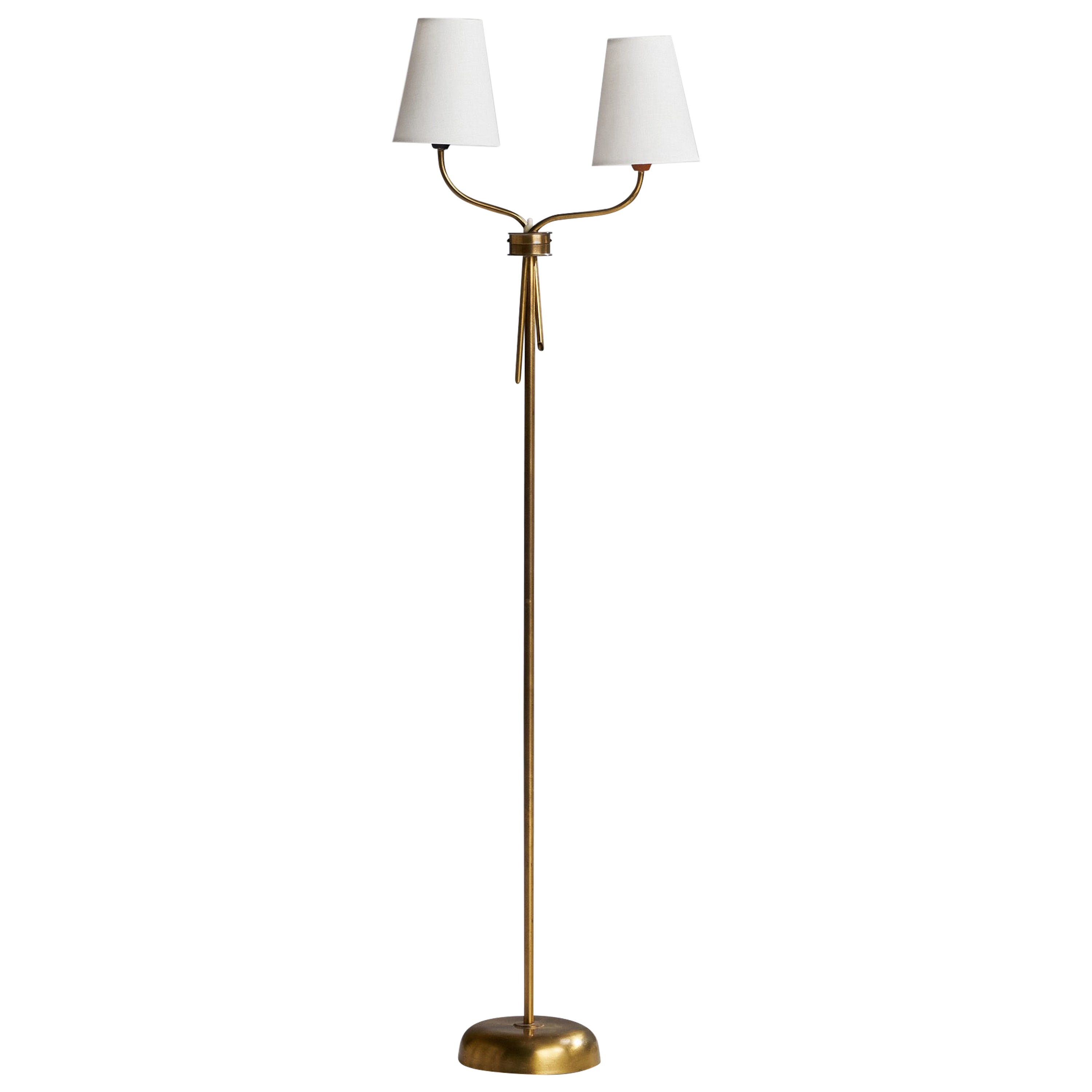 Swedish Designer, Floor Lamp, Brass, Fabric, Sweden, 1940s For Sale