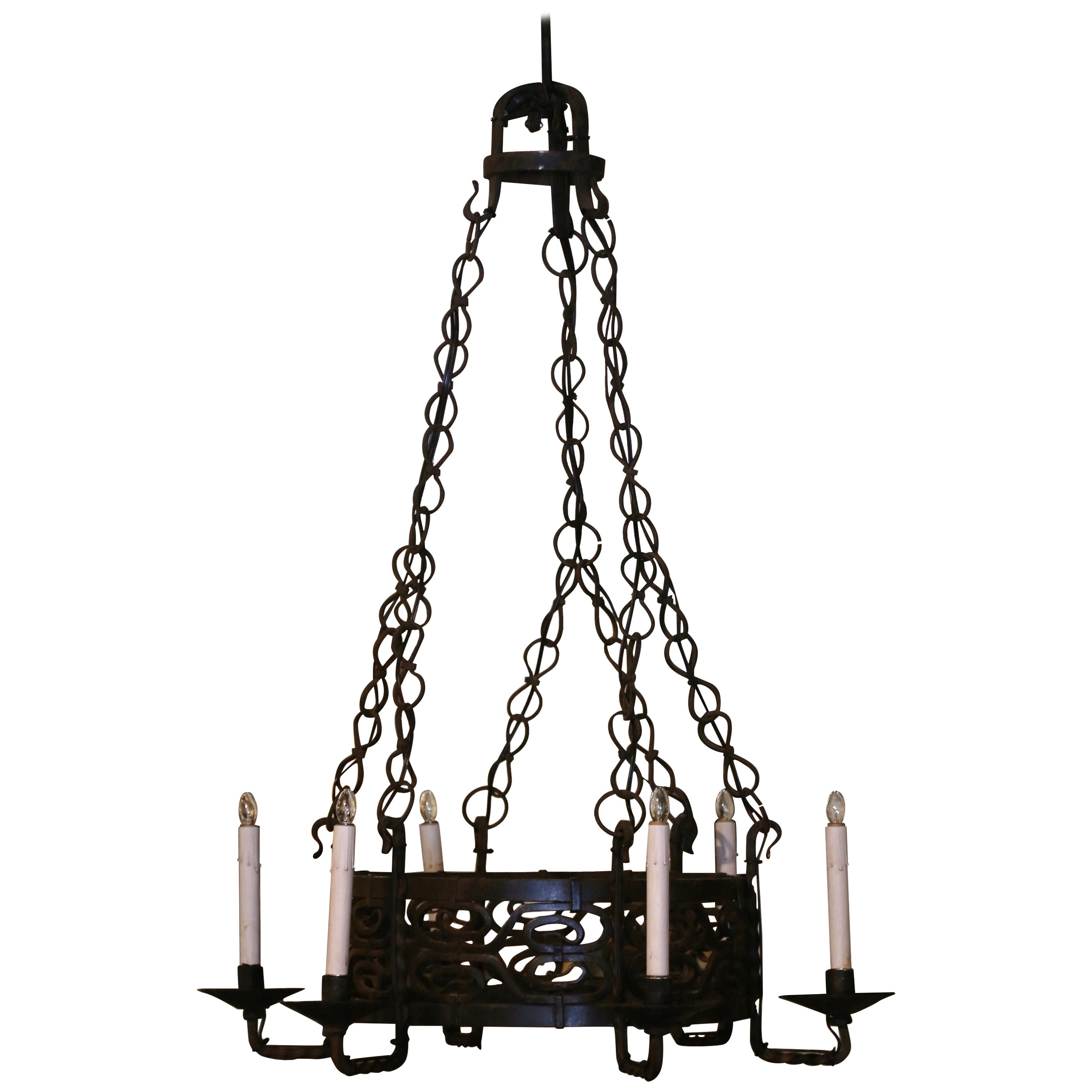 19th Century French Gothic Black Painted Wrought Iron Six-Light Chandelier