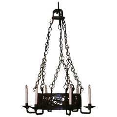Antique 19th Century French Gothic Black Painted Wrought Iron Six-Light Chandelier