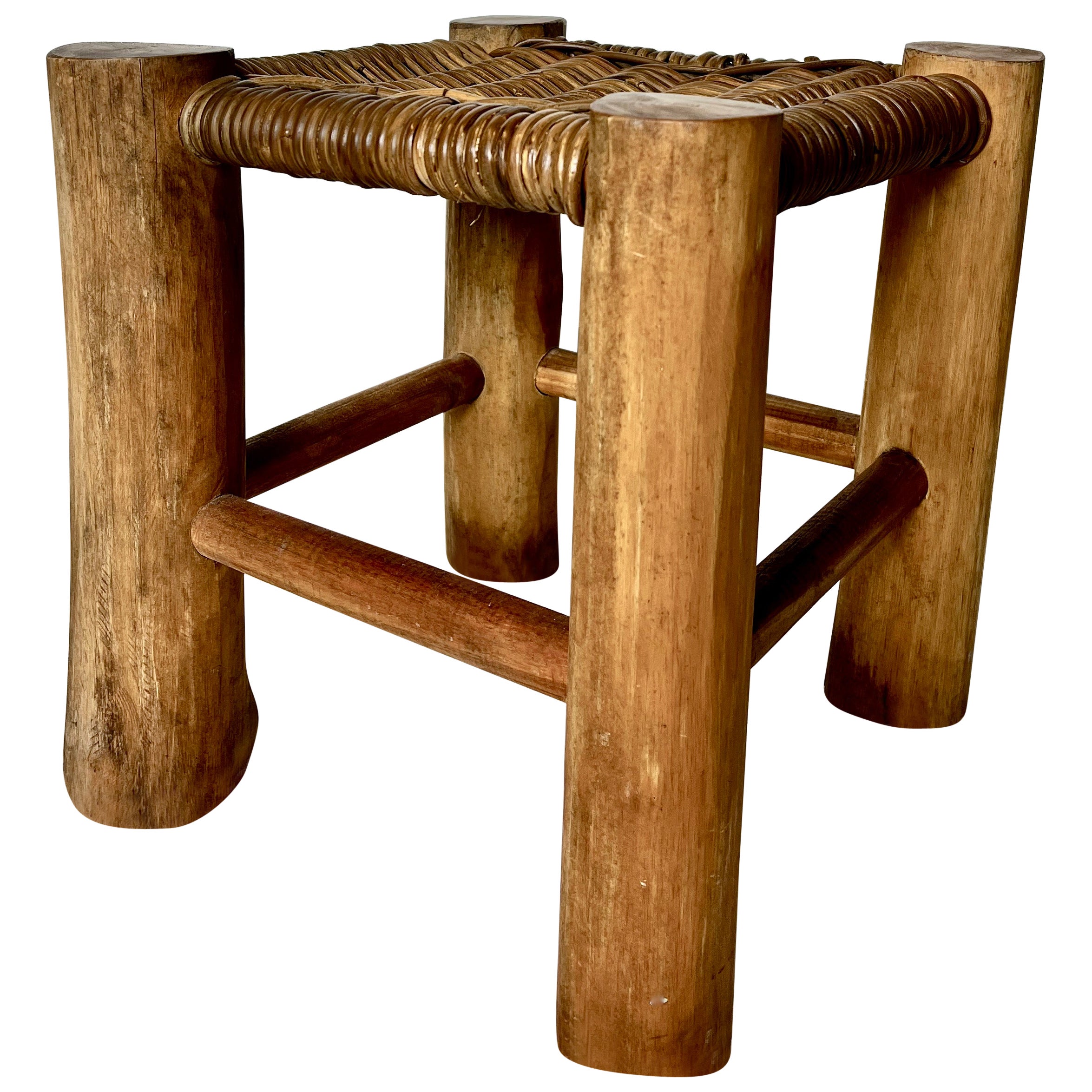 French stool in solid elm and rattan, 1950