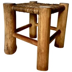 Antique French stool in solid elm and rattan, 1950