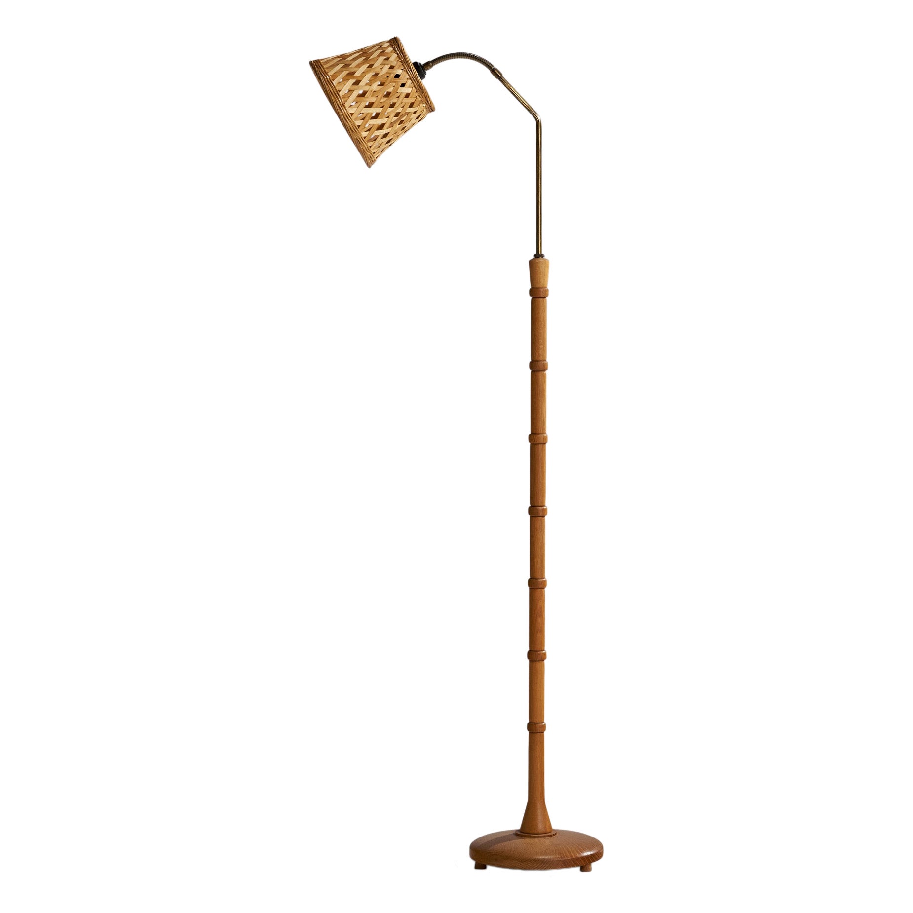 Swedish Designer, Floor Lamp, Brass, Oak, Rattan, Sweden, 1940s For Sale