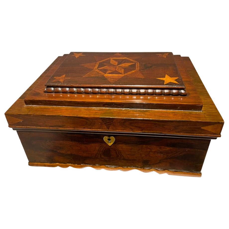 19th Century American Rosewood Box With Fruit Wood Star Inlay, Fun Interior For Sale