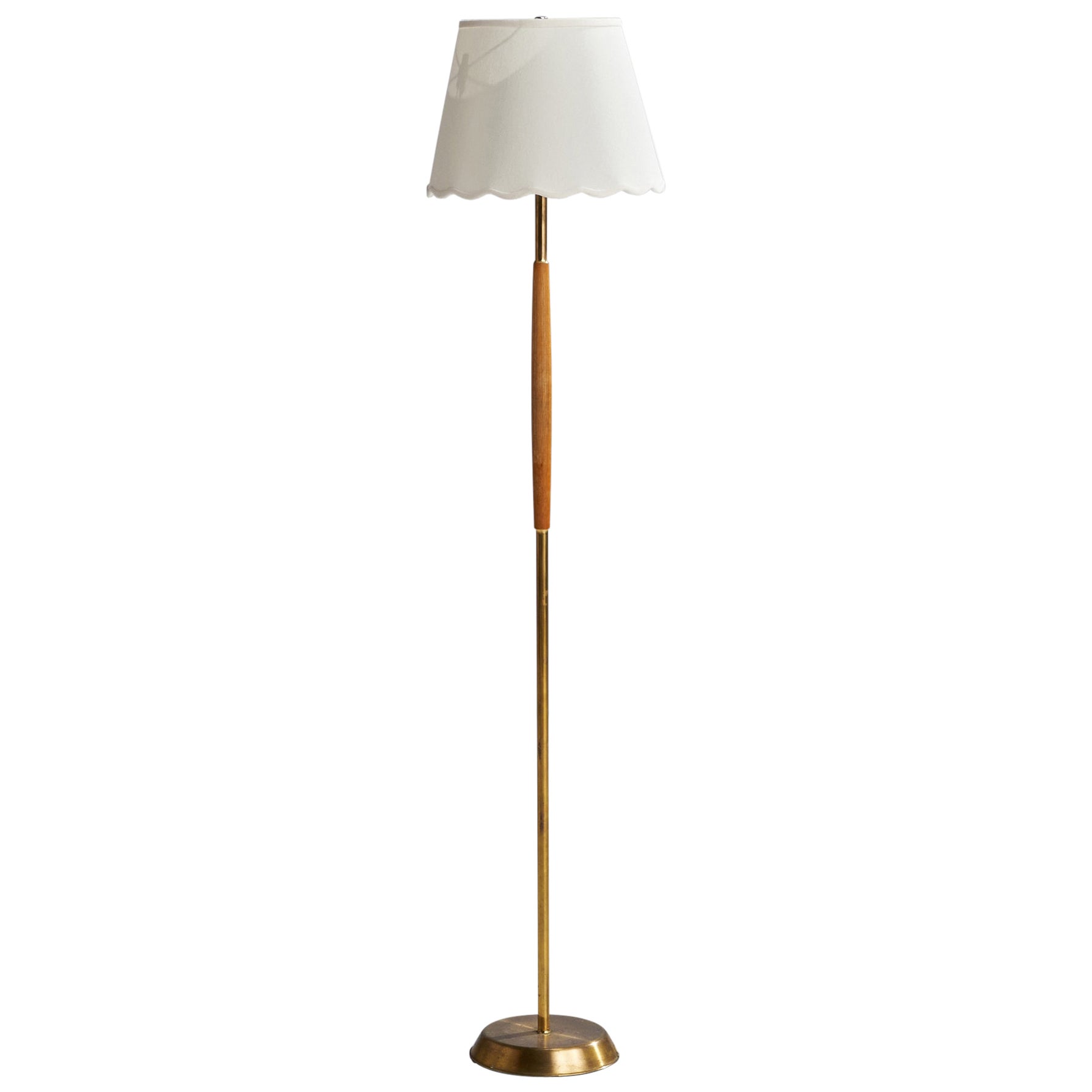 Swedish Designer, Floor Lamp, Brass, Oak, Fabric, Sweden, 1950s For Sale