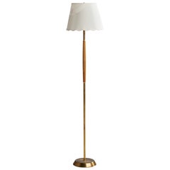 Swedish Designer, Floor Lamp, Brass, Oak, Fabric, Sweden, 1950s