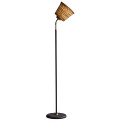 Vintage EWÅ Värnamo, Floor Lamp, Brass, Metal, Rattan, Sweden, 1950s