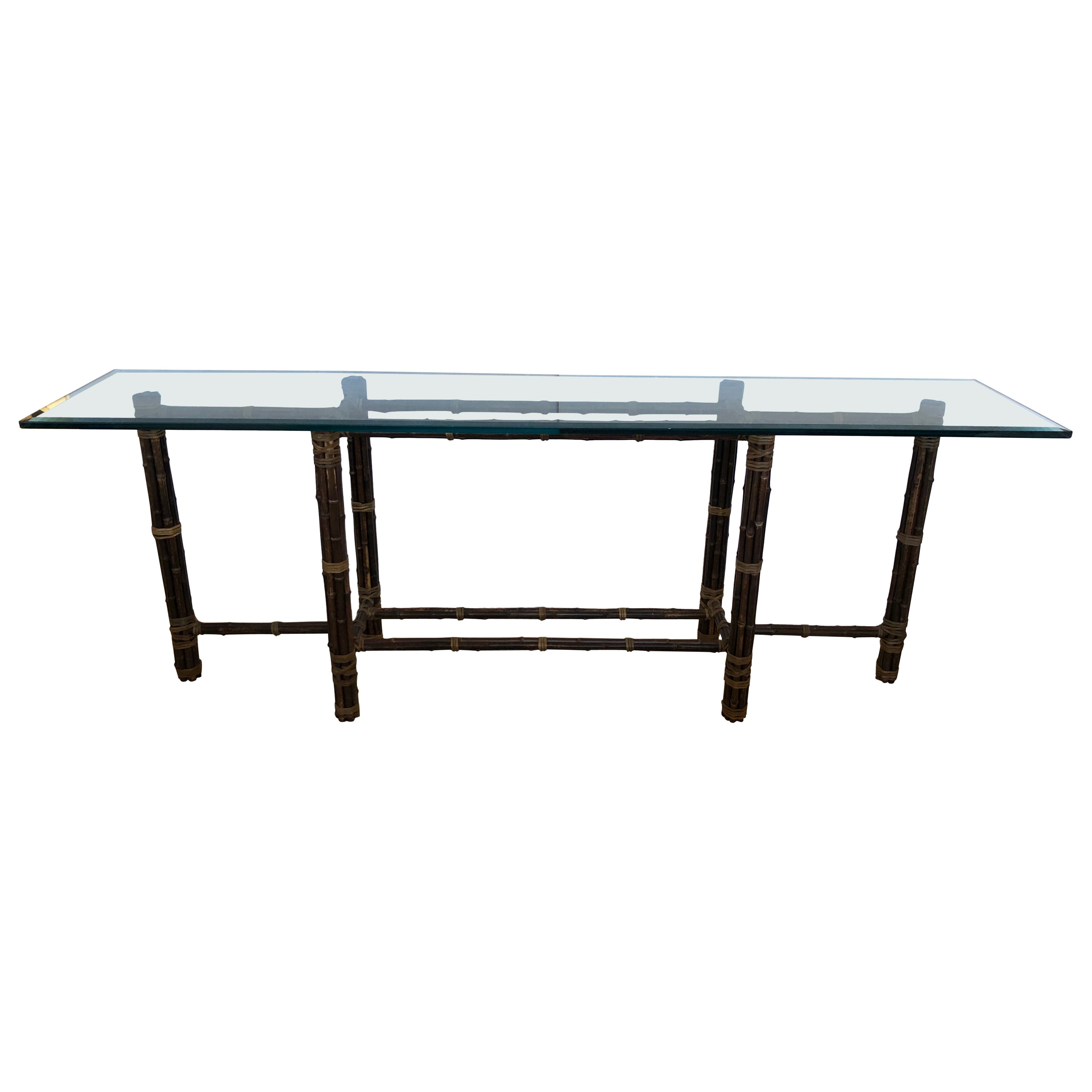 Chic Very Long Organic Modern Bamboo & Glass Console Table