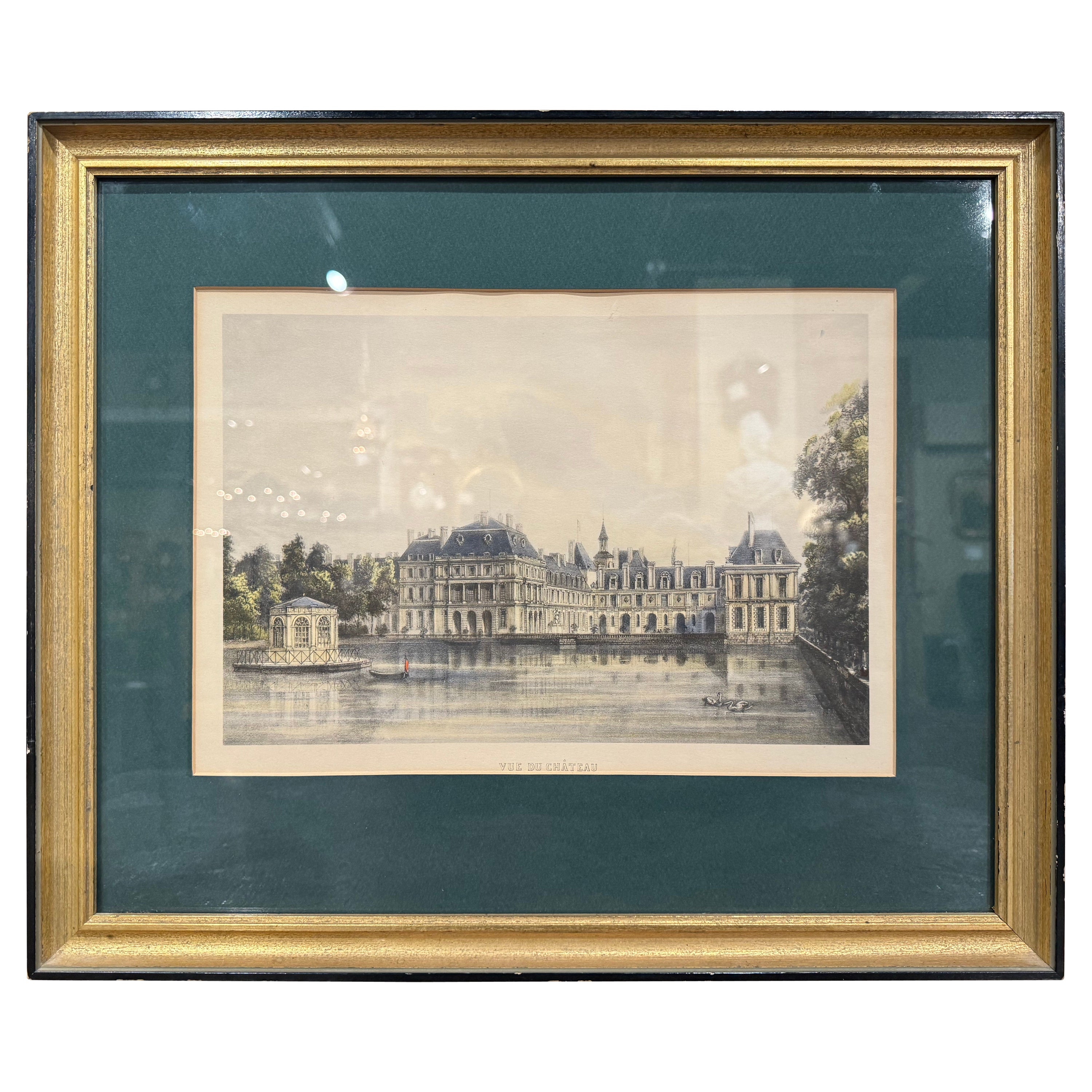  Französischer farbiger Druck des Chateau de Fontainebleau des 19. Jahrhunderts in vergoldetem Rahmen