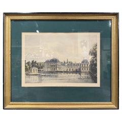 Antique  19th Century French Colored Print of "Chateau de Fontainebleau" in Gilt Frame