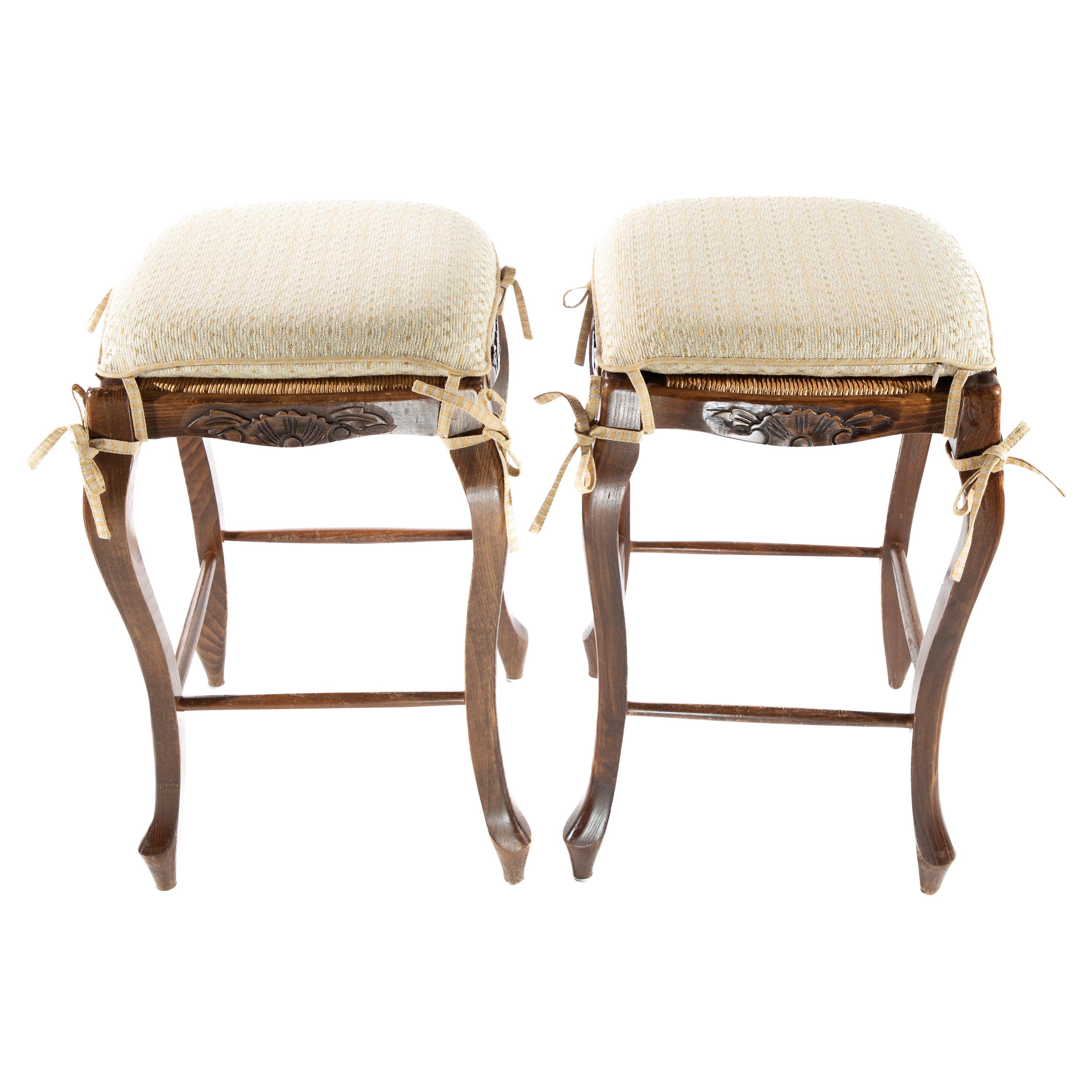Pair of Wooden Barstools with Rush Woven Seats and Upholstered Cushions For Sale