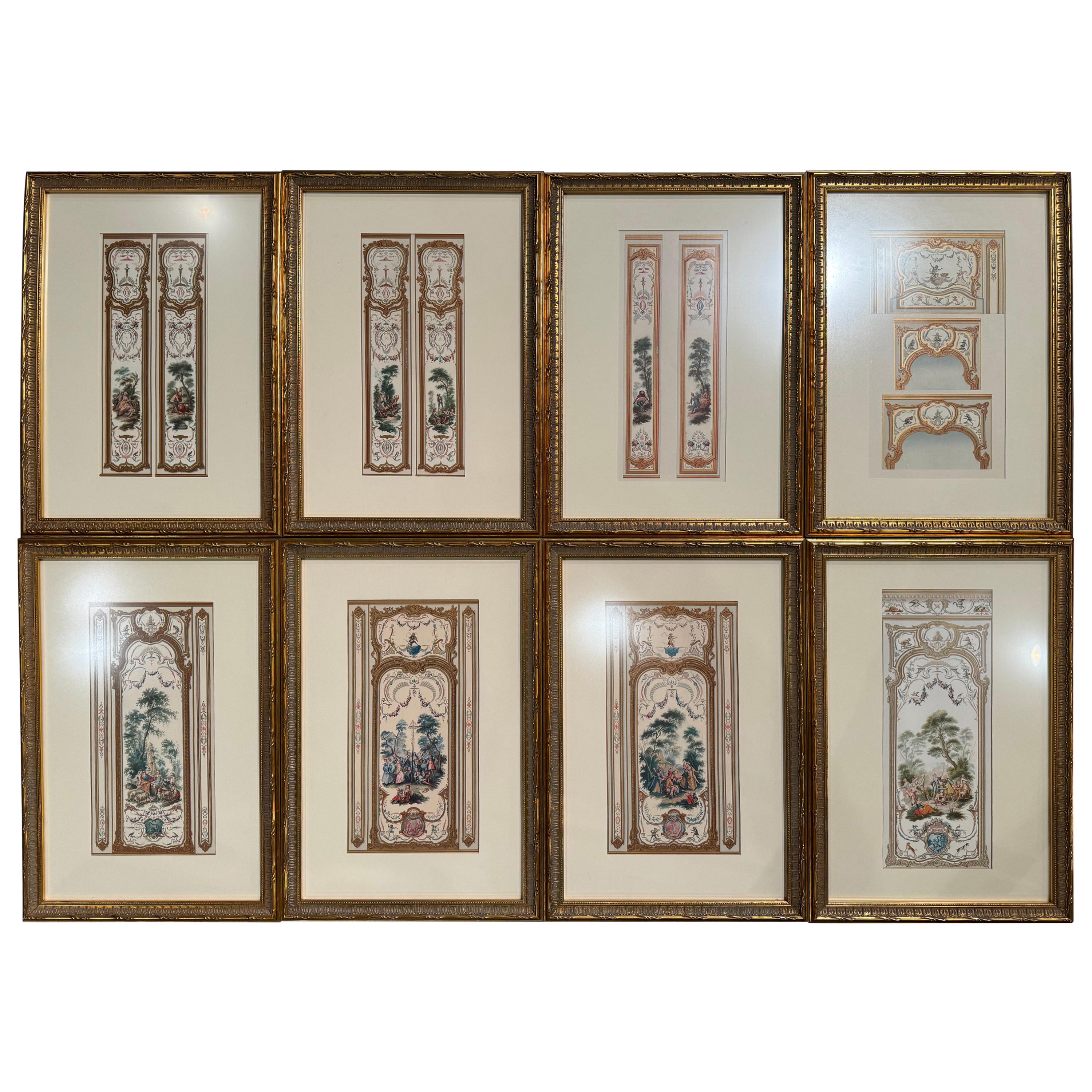 Set von 8 französischen handbemalten und gerahmten architektonischen Zeichnungen des frühen 20. Jahrhunderts