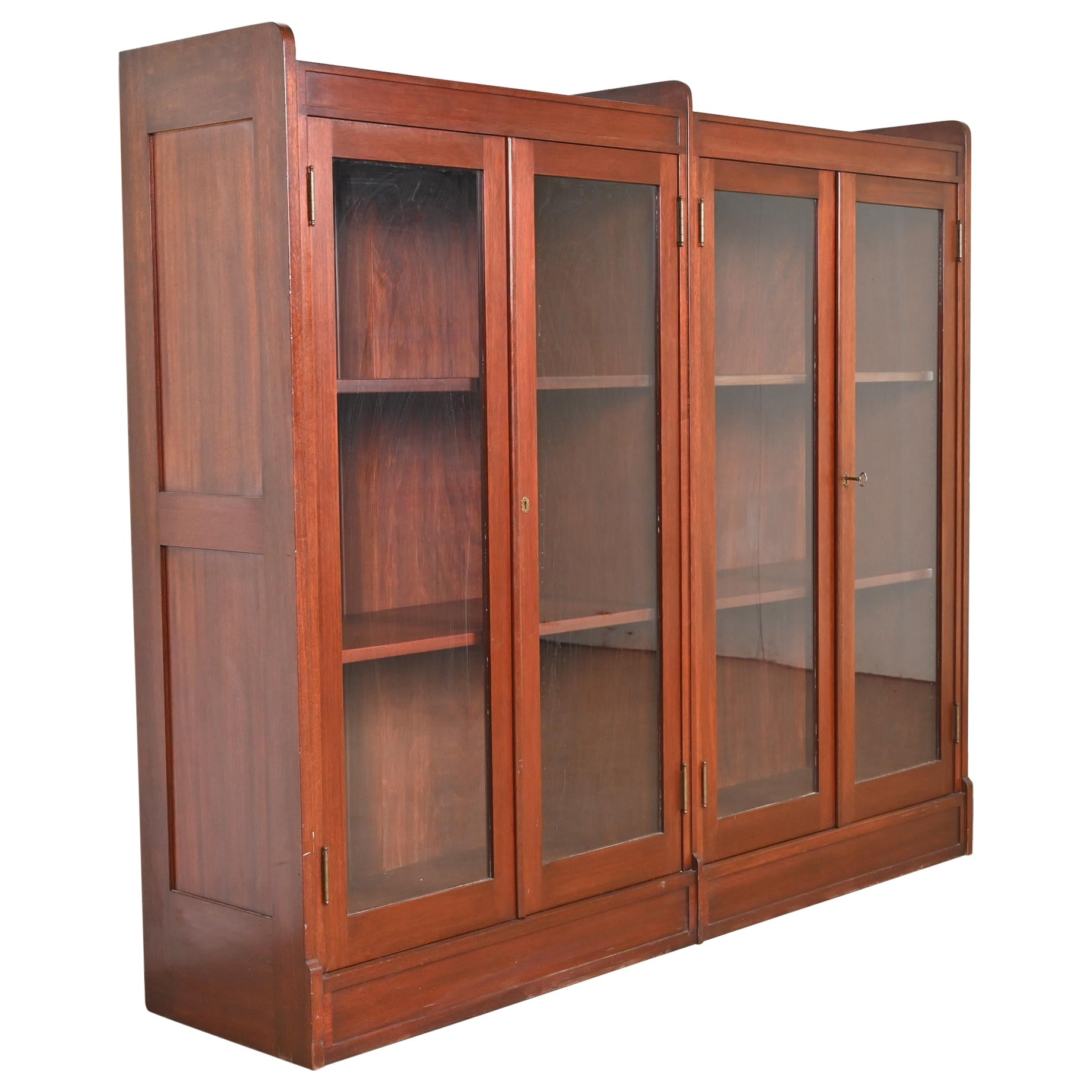 Antique Stickley Style Arts and Crafts Solid Mahogany Double Bookcase, 1920s For Sale