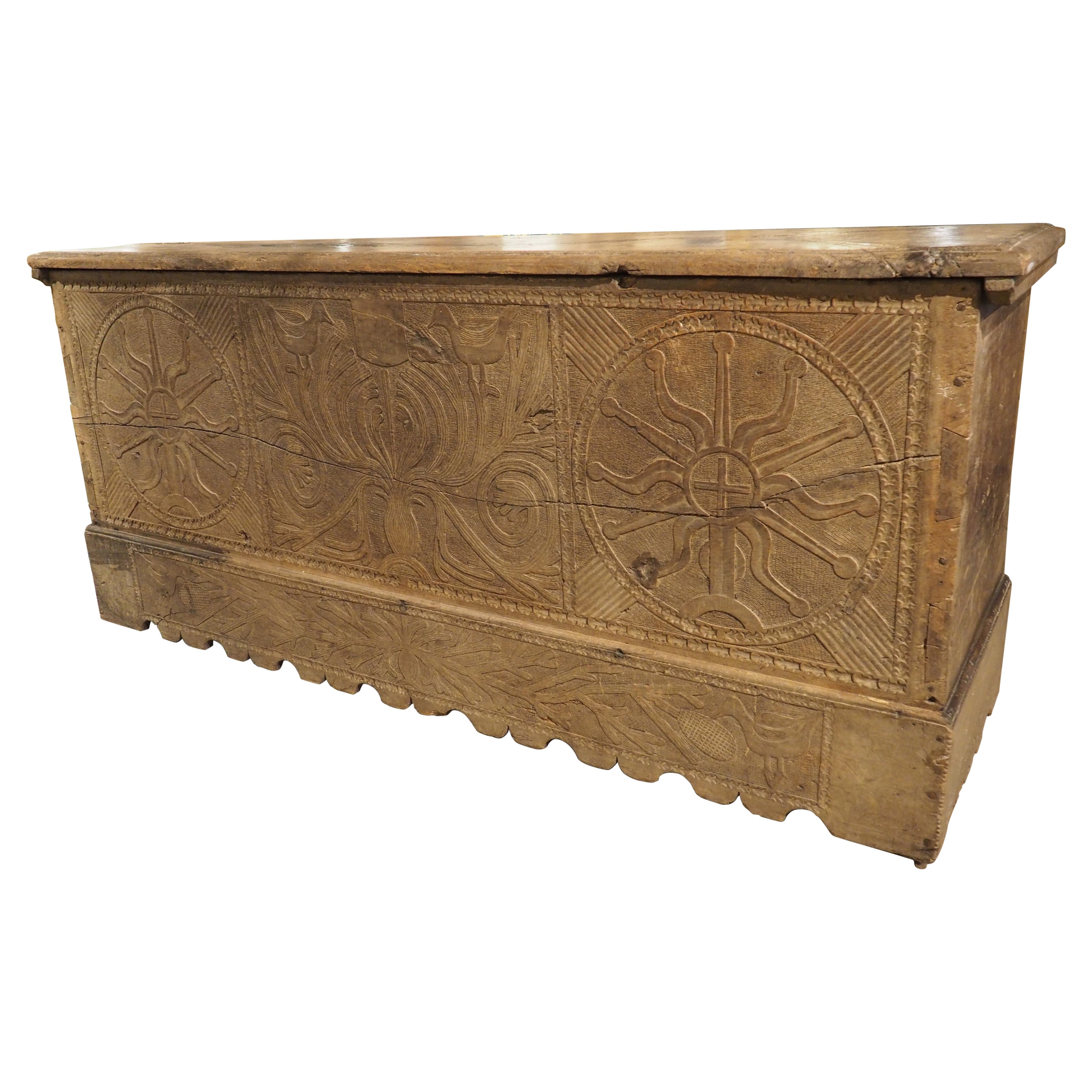Huge Antique Carved Oak Chest or Trunk from Spain, Late 1500s to Early 1600s