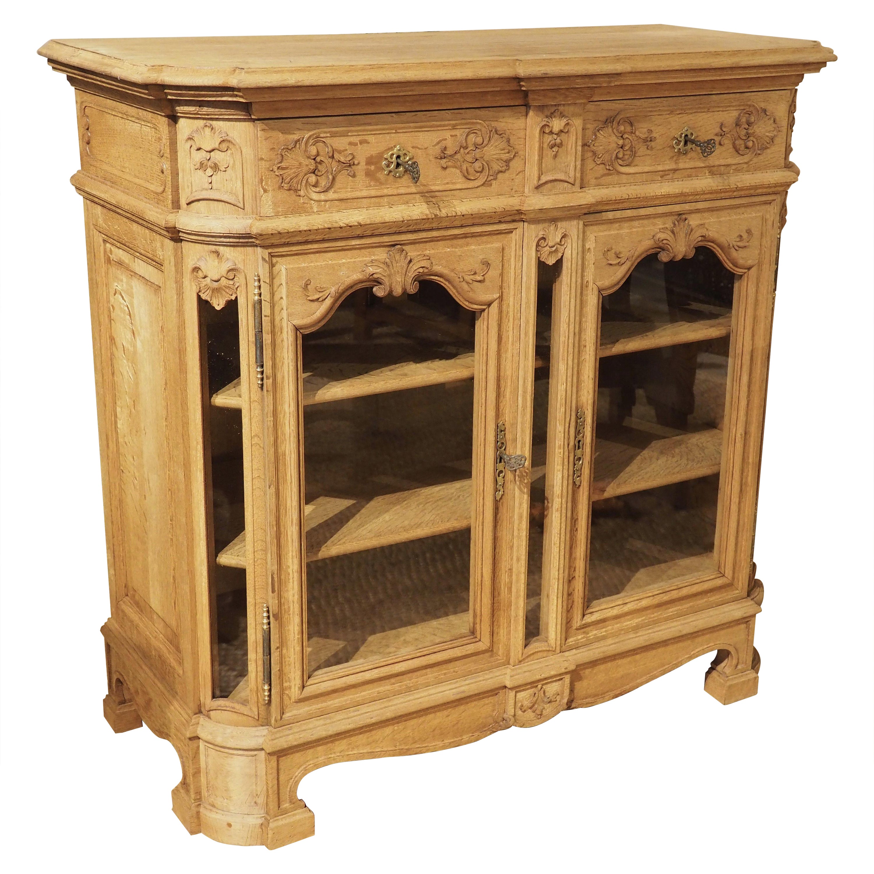 Antique Carved and Bleached Oak and Glass Buffet Vitrine from Liege, Circa 1900 For Sale