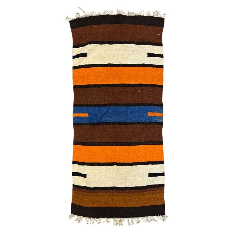 Antique Southwest Wool Saddle Blanket in Geometric Orange, Brown, Blue and Cream For Sale