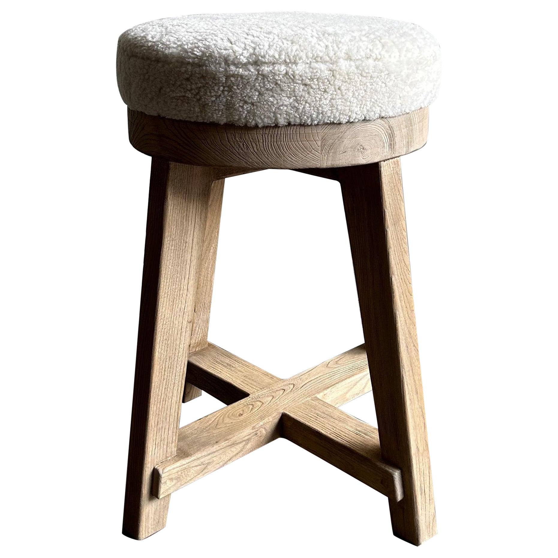 Custom Elm Wood Counter Stool with Upholstered Seat