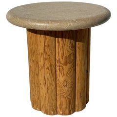 Vintage Organic Weathered Pine and Fossilized Travertine End / Side Table