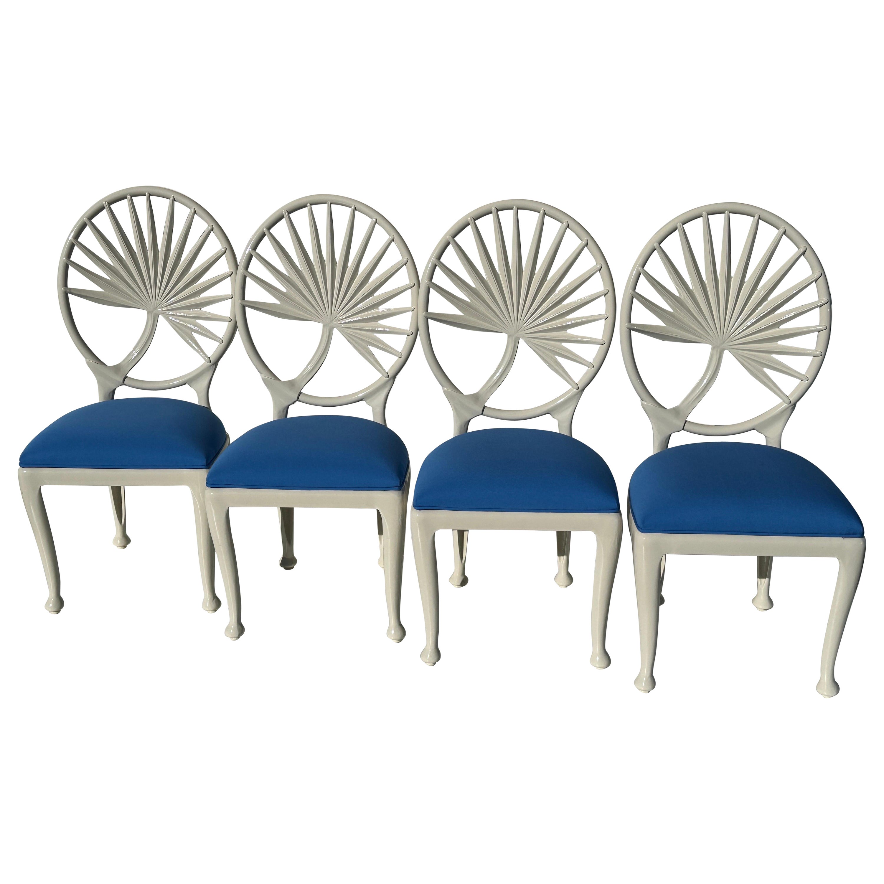 Set of Four Aluminum Chairs with Palm Leaf Motif For Sale