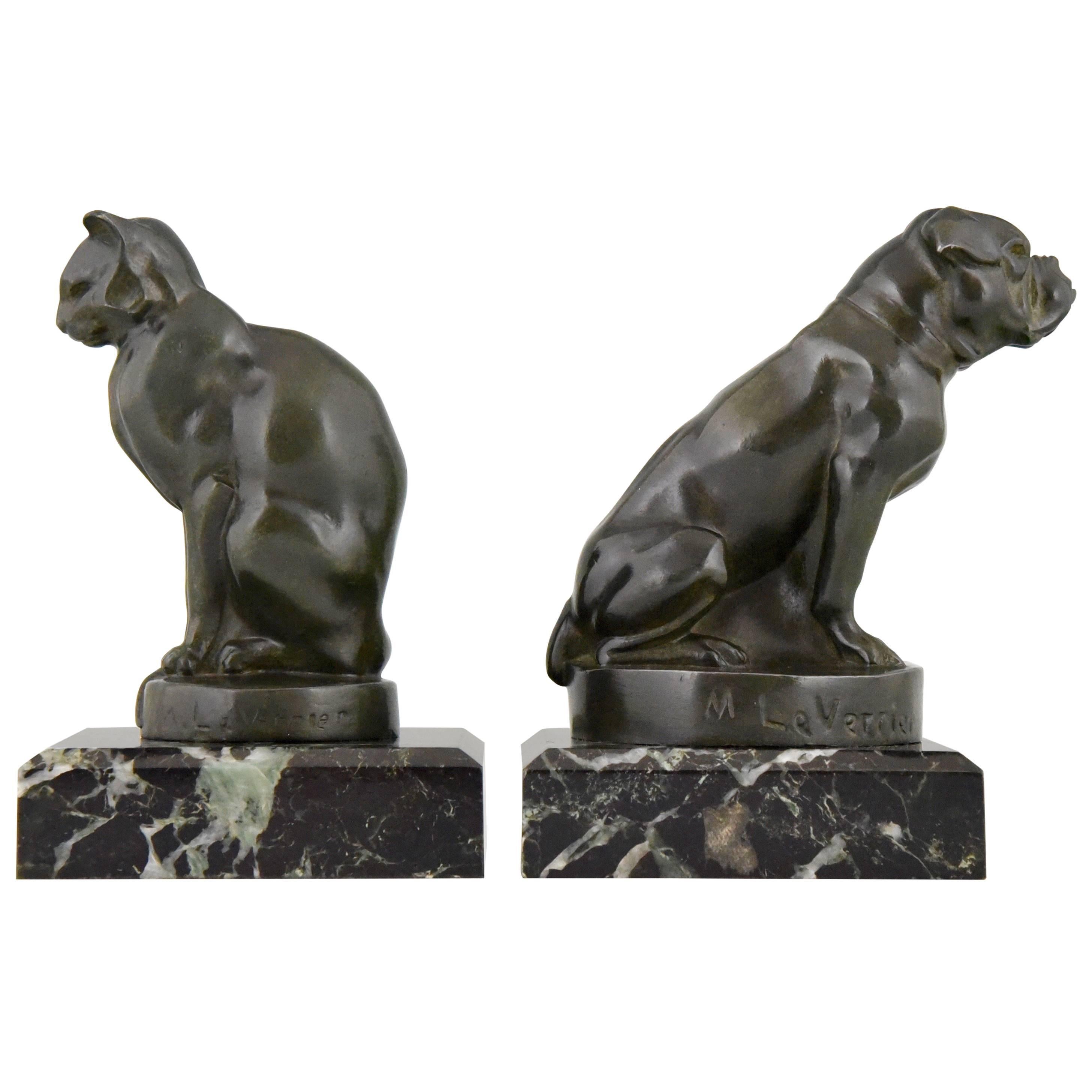 French Art Deco Cat and Bulldog Bookends by Max Le Verrier, 1930