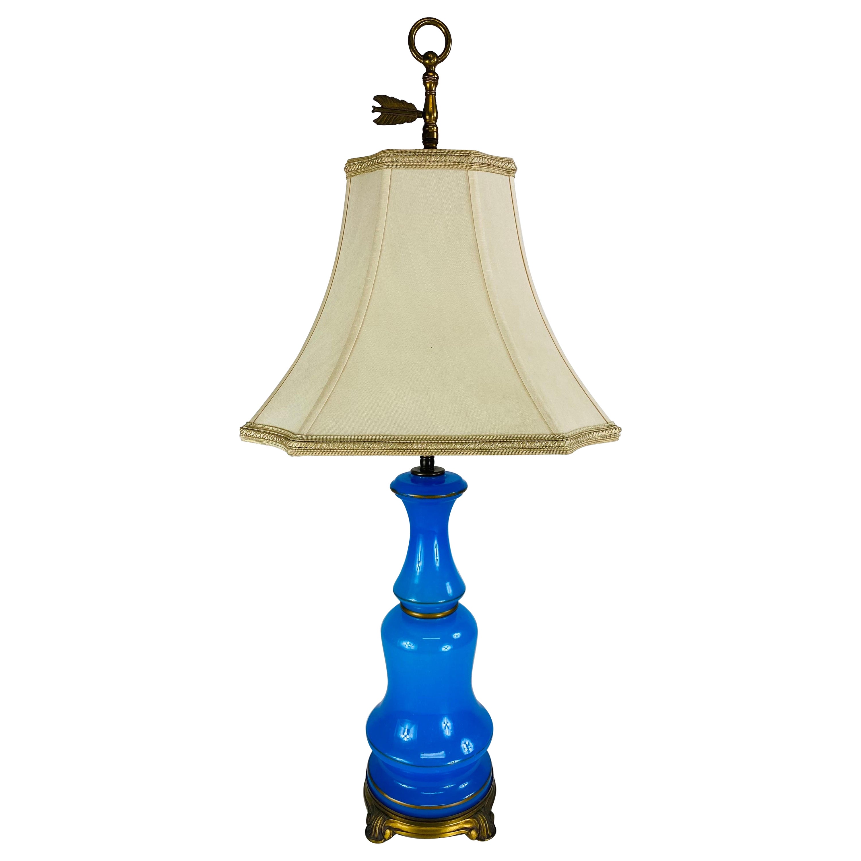 Early 20th century hand blown blue opaline French glass table lamp For Sale
