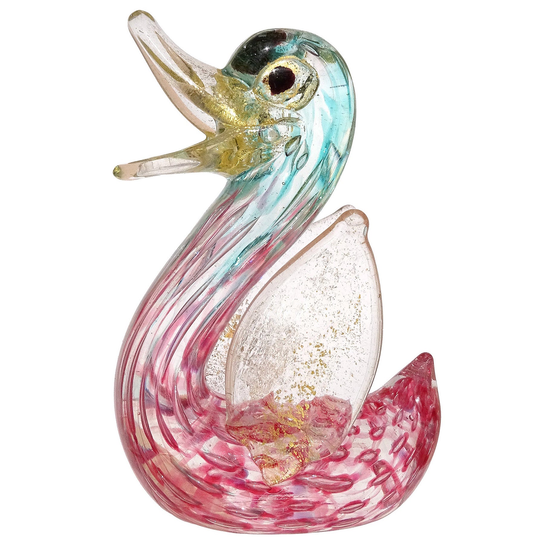 Barovier Toso Murano Teal Pink Gold Flecks Italian Art Glass Bird Figurine