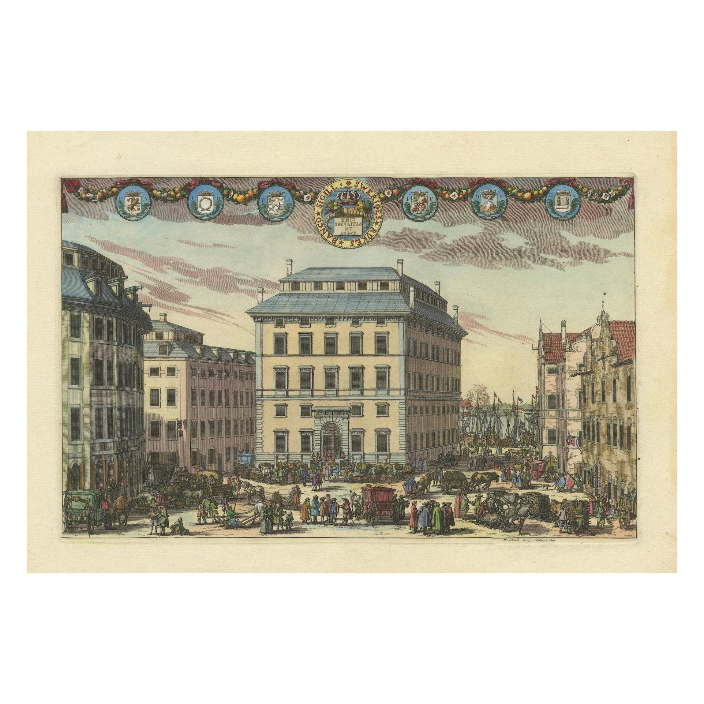 Banking on Prosperity: Södra Bancohuset of Stockholm in a 1691 Swidde Engraving For Sale