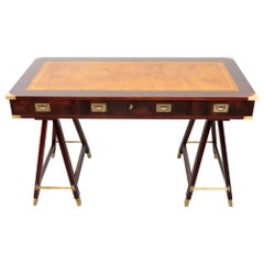 Retro Military Campaign Style Desk Table in Wood, Brass and Leather, Italy 1960s