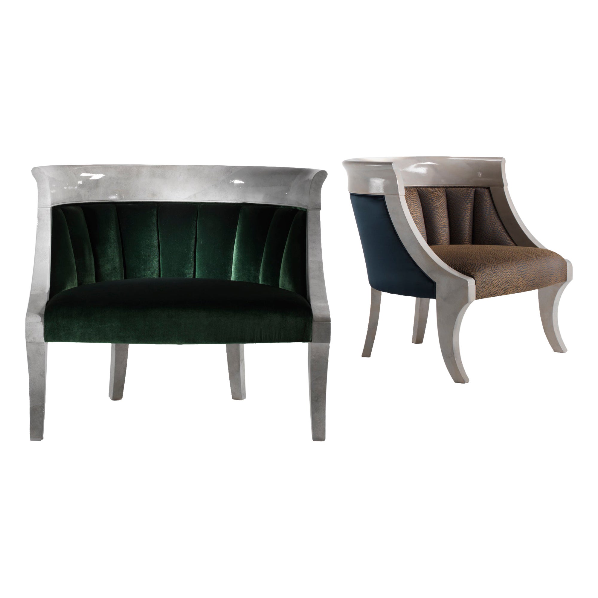 Conservatorio Living Armchair In Green Silk Velvet & White Parchment Lacquering