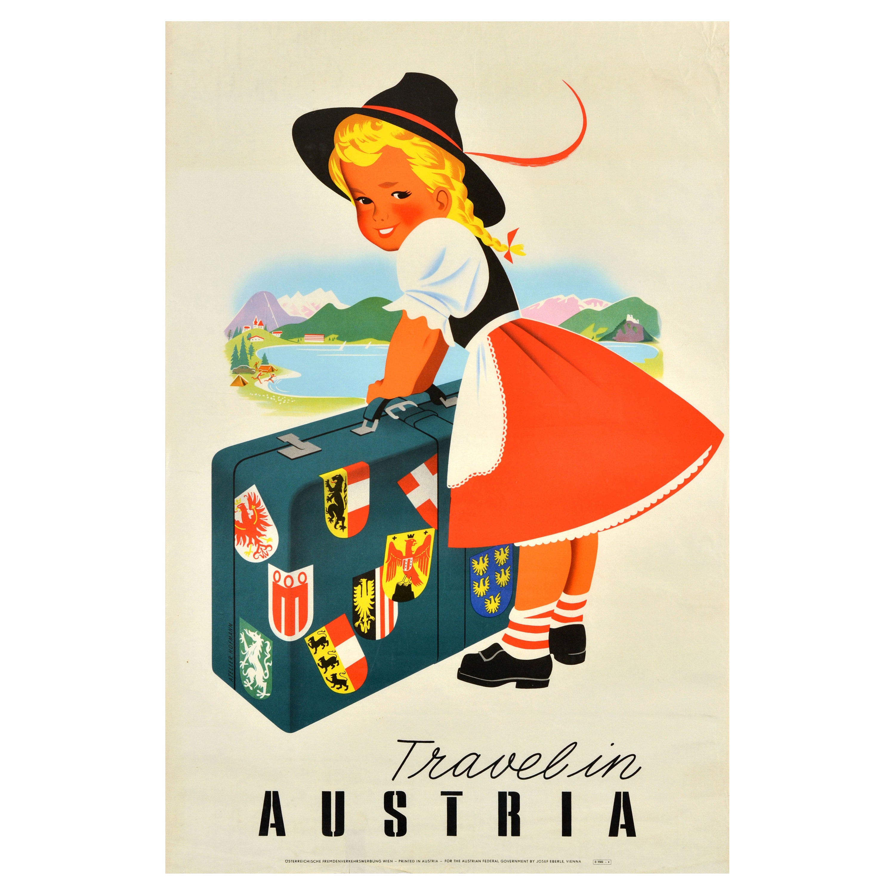 Original-Vintage-Reiseplakat „Reiseplakat Reisen in Österreich“, Koffer, Mädchen, Atelier Hofmann im Angebot