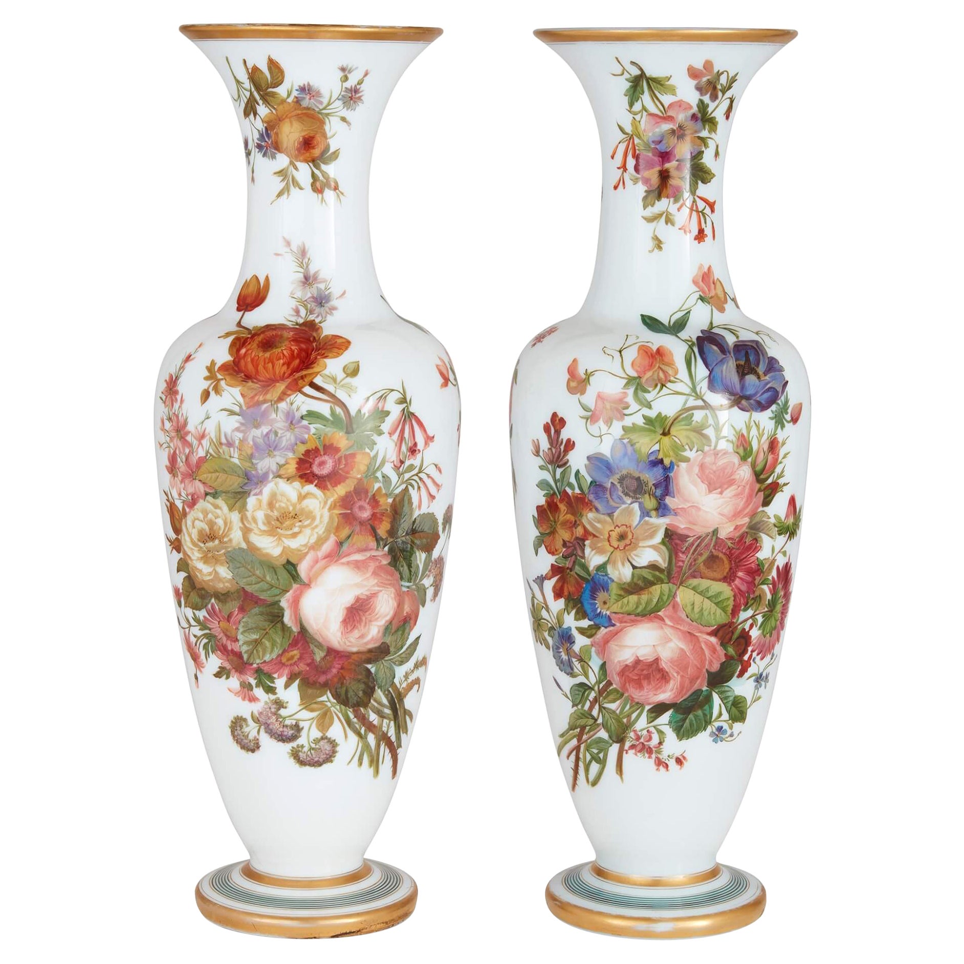 Pair of Floral Opaline Glass Vases by Baccarat For Sale