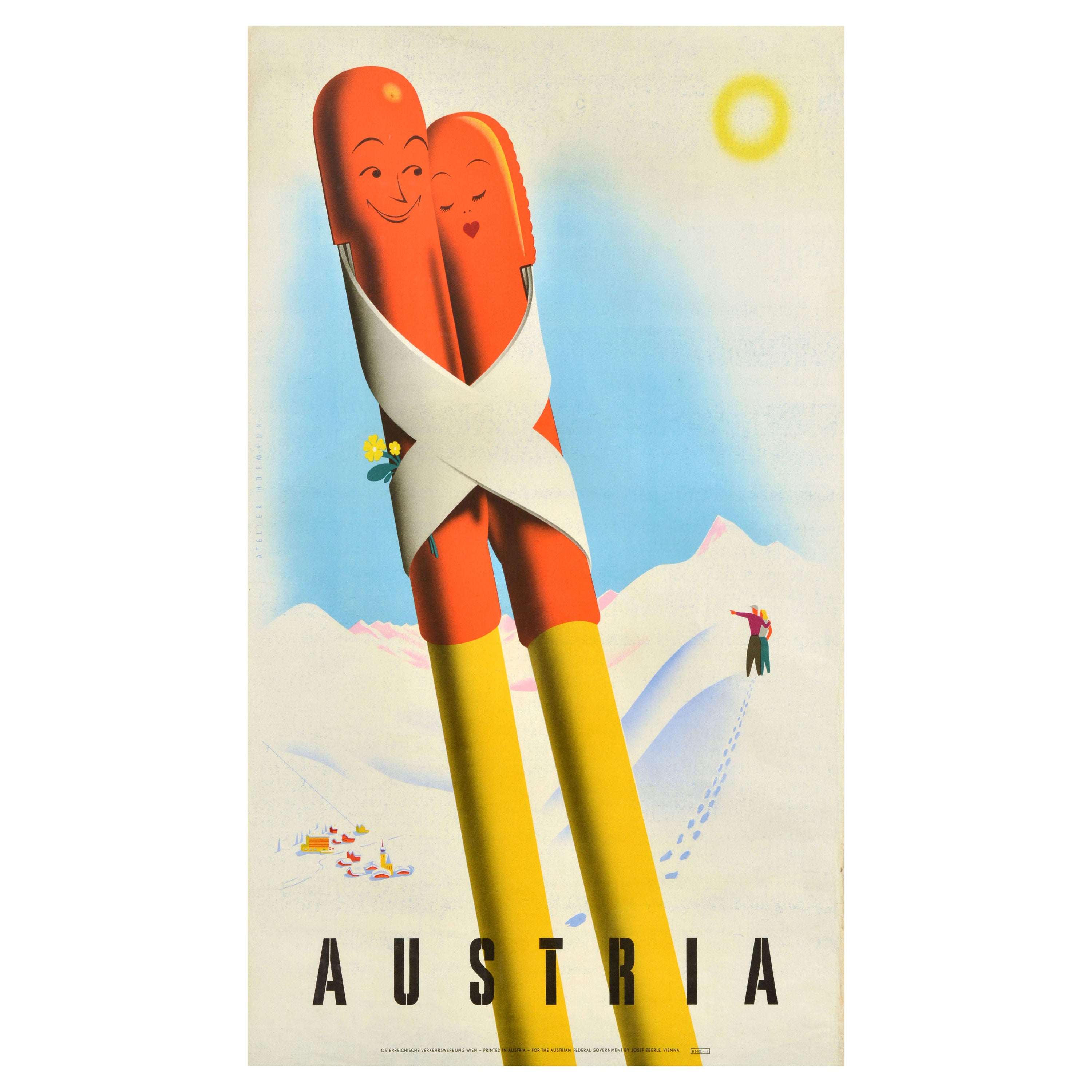 Original Vintage Winter Sport Travel Poster Austria Love Ski Poles Hofmann Snow For Sale