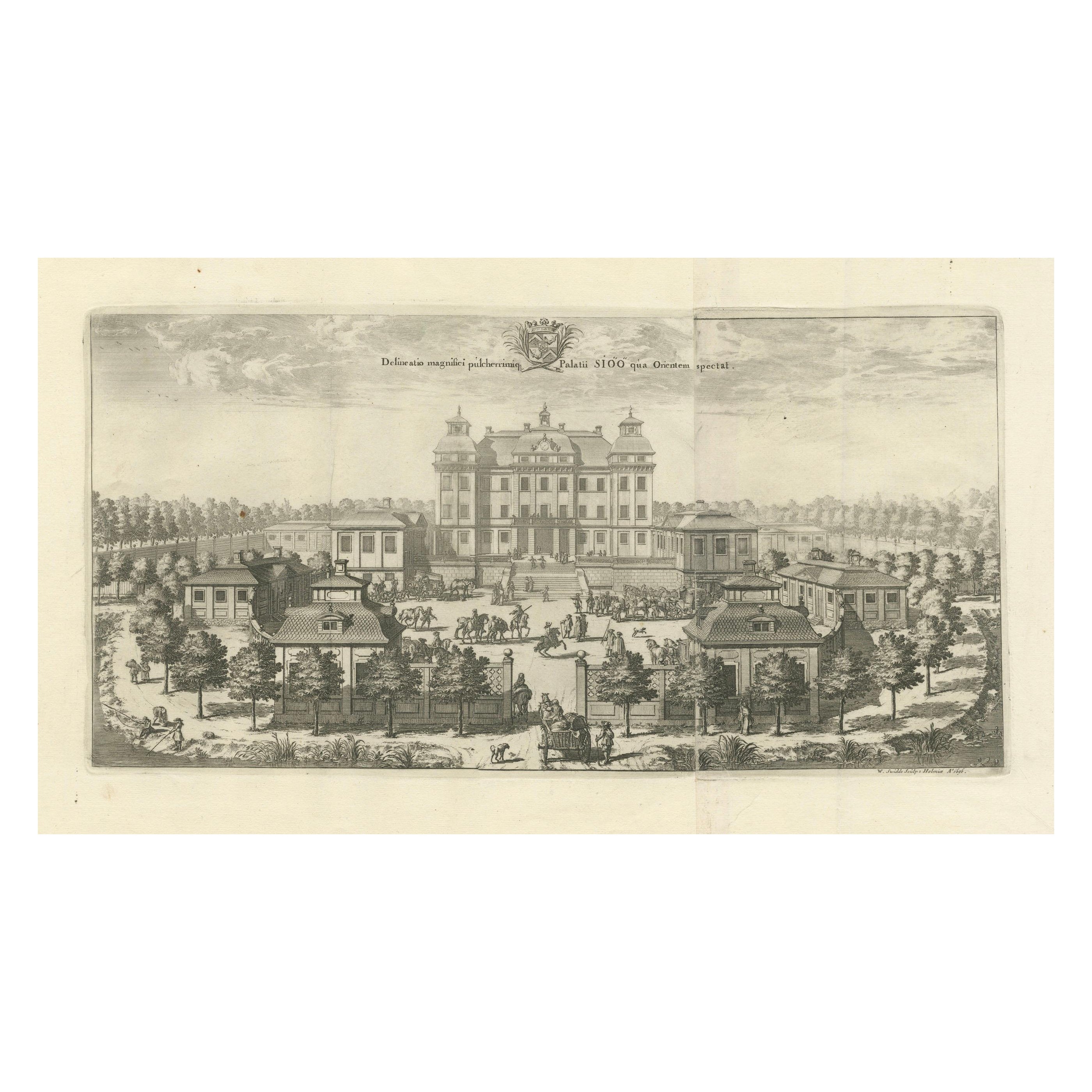 Opulenz des Barock: Die östliche Ansicht des SIQVO-Palastes in Swiddes Gravur von 1696 im Angebot