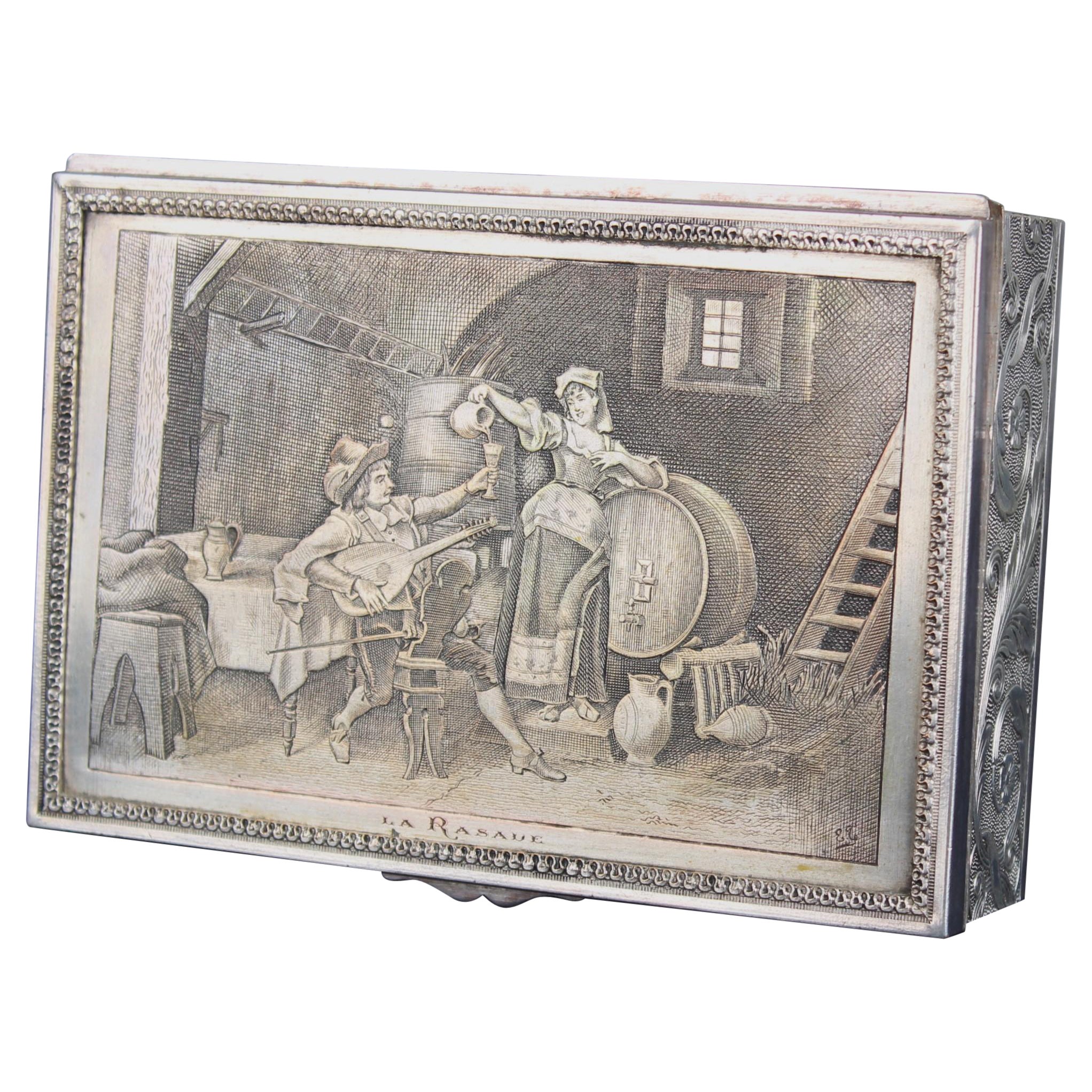 Antike versilberte Schmuckkästchen, Tavernenszene, Frankreich, 1880er Jahre