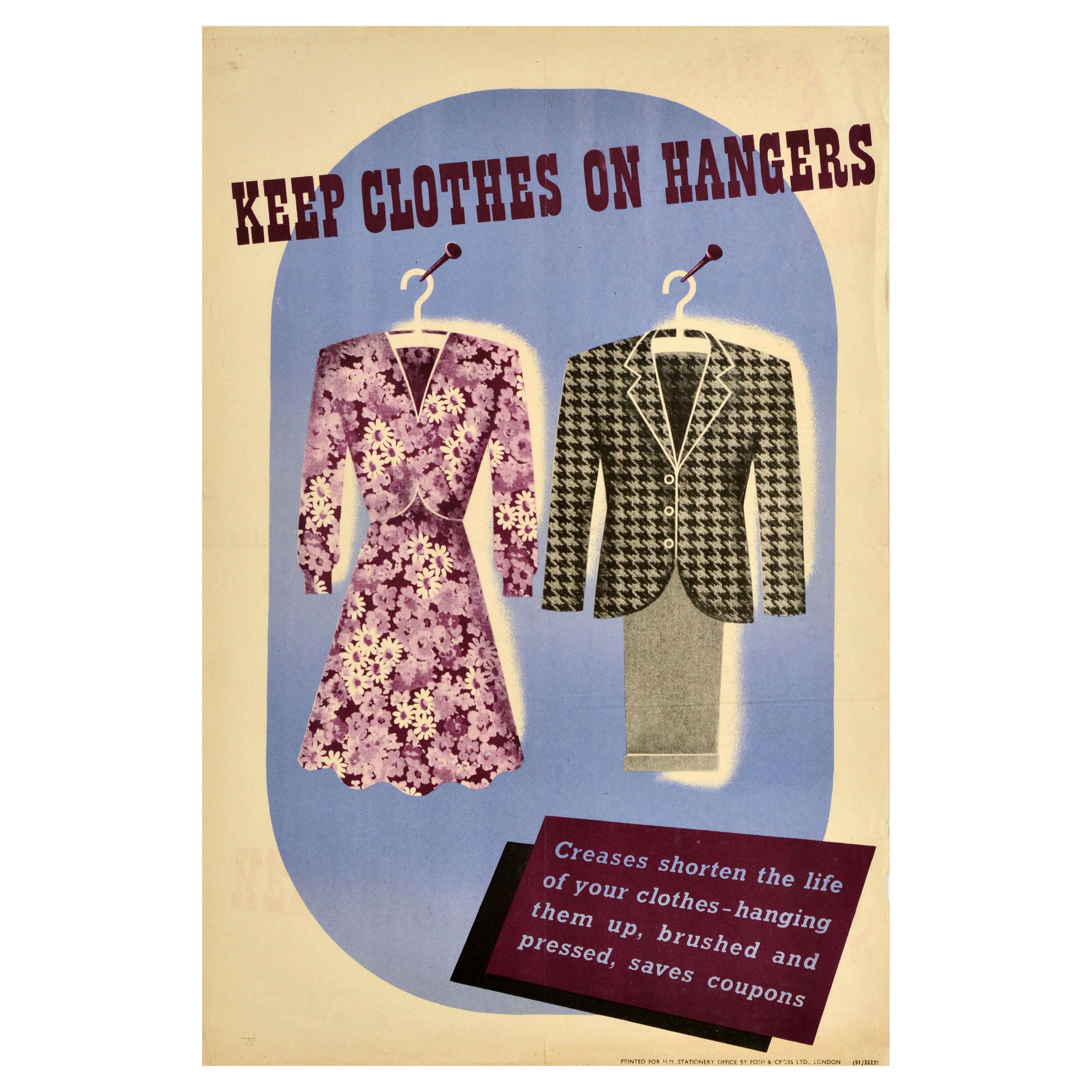 Affiche vintage d'origine du front de la maison pendant la Seconde Guerre mondiale, Keep Clothes On Hangers WWII en vente