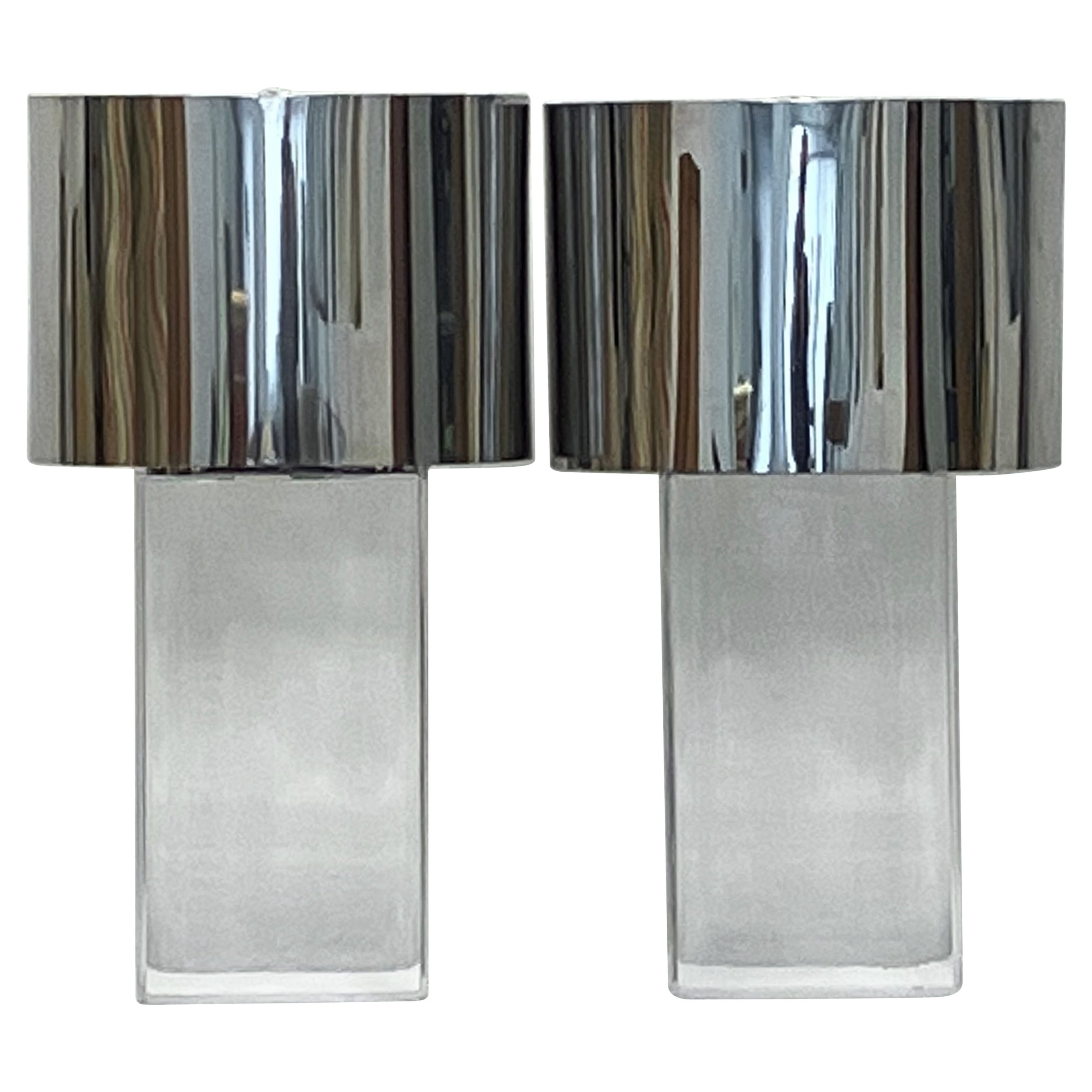 Pair Karl Springer Lucite Table Lamps with Original Polished Steel Shades For Sale