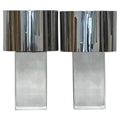 Pair Karl Springer Lucite Table Lamps with Original Polished Steel Shades