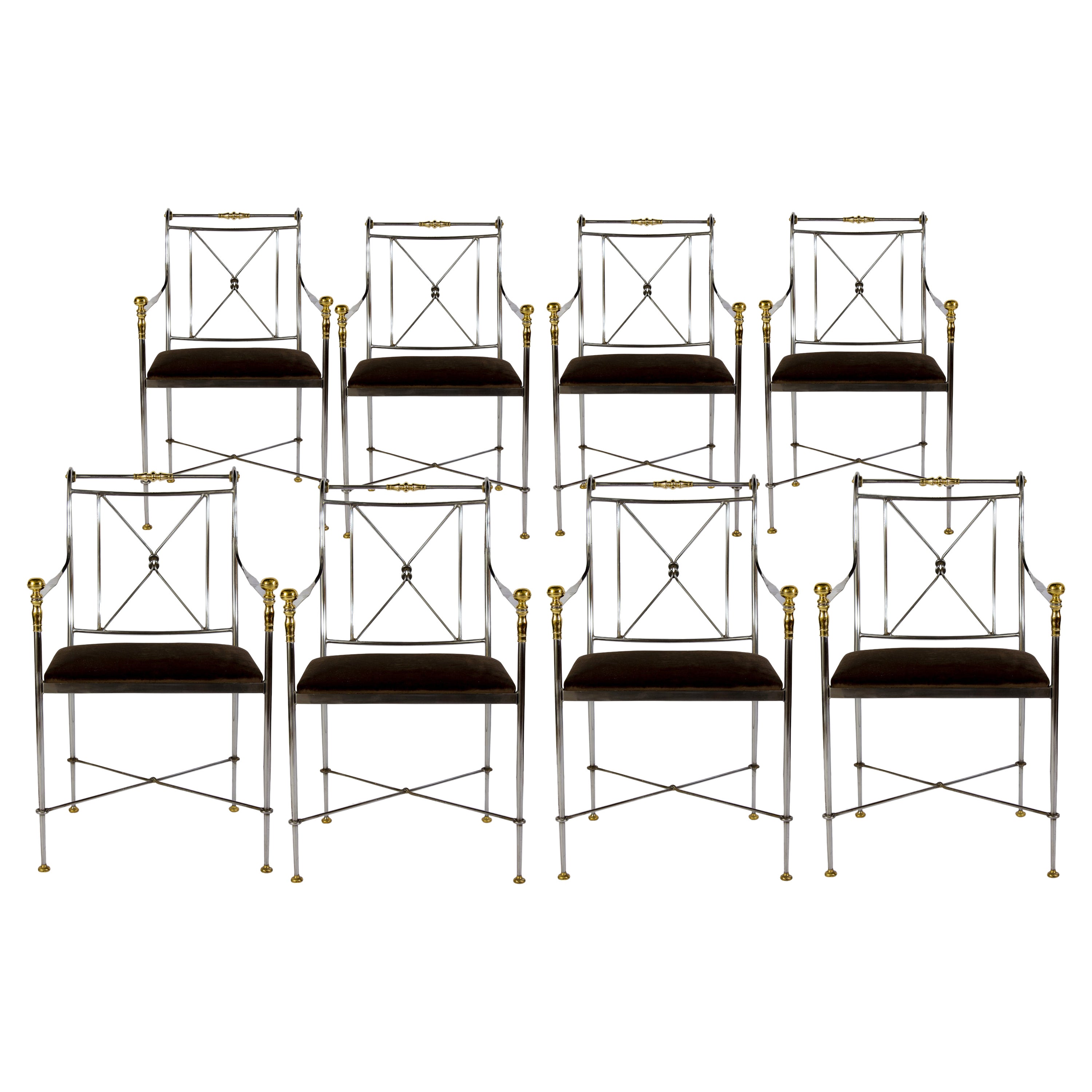 Eight Outstanding Italian Steel and Brass Armchairs, 1970s For Sale
