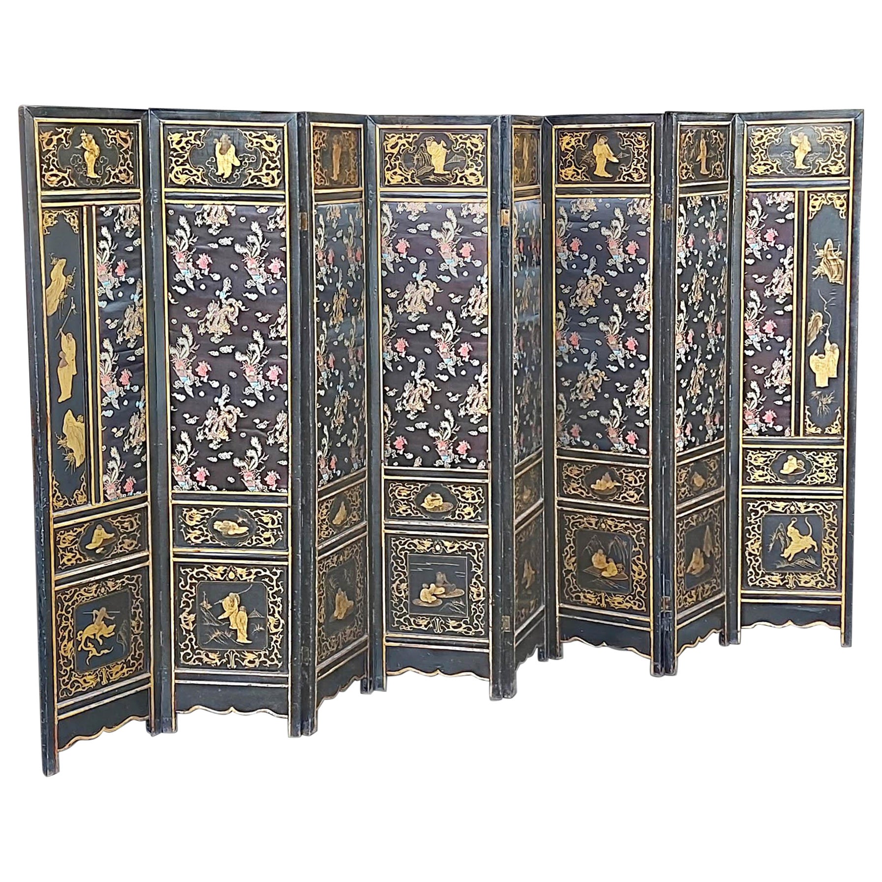 Regency Chinese Imported Lacquered 8 Fold Dressing Screen For Sale