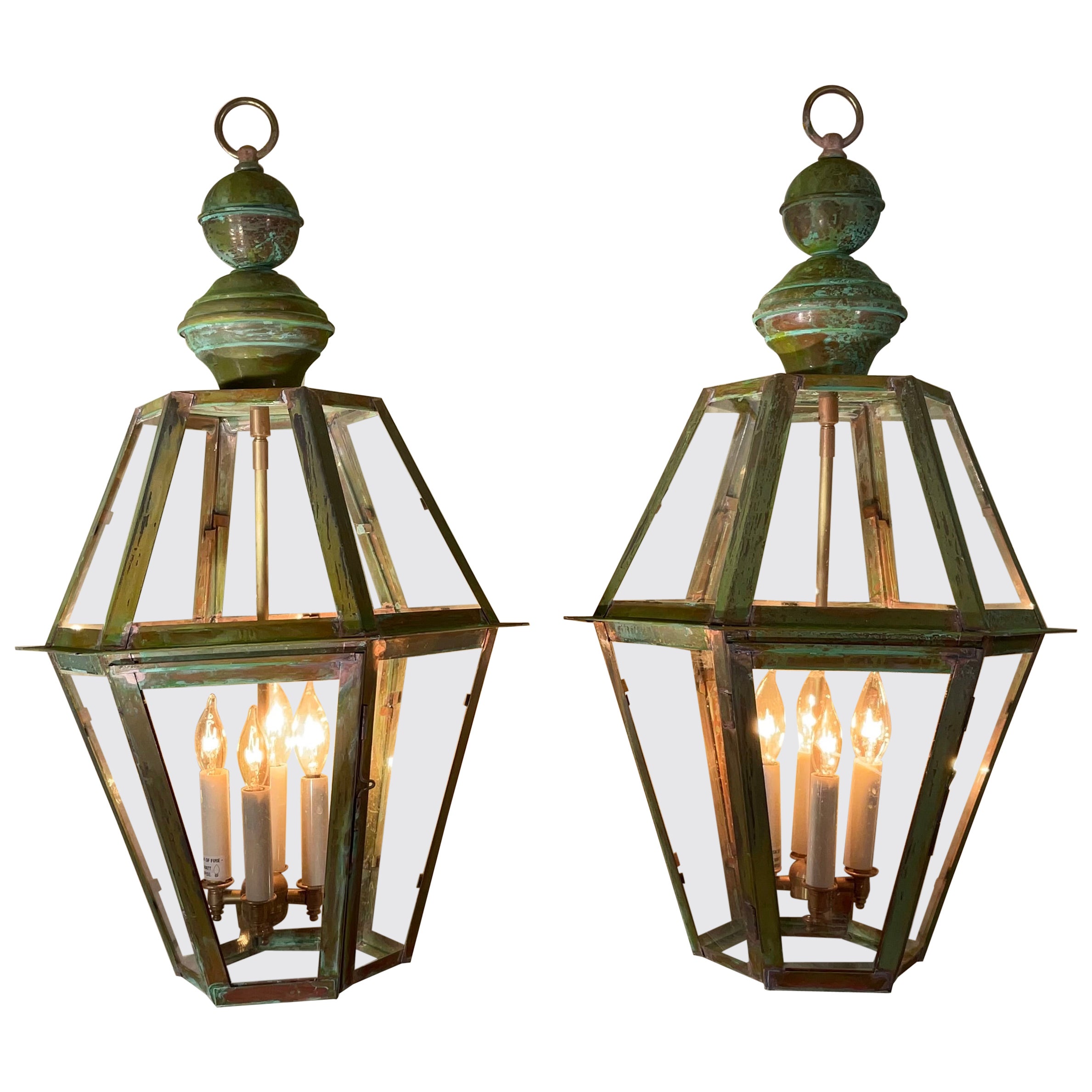 Pair Of Six Sides Solid Copper And Brass Handcrafted Hanging Lanterns For Sale