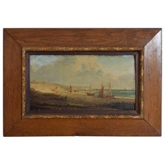 Antique French Oil on Board, “Fishing Boats and Fishermen Hauling in the Catch”, 20thc