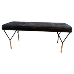 Italian black metal bench in black velvet upholstery