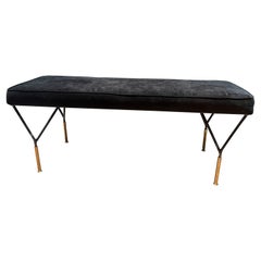 Italian black metal bench in black velvet upholstery 