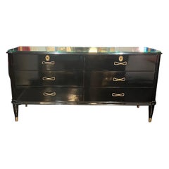 Retro Italian six drawers black lacquer with brass handles commode 